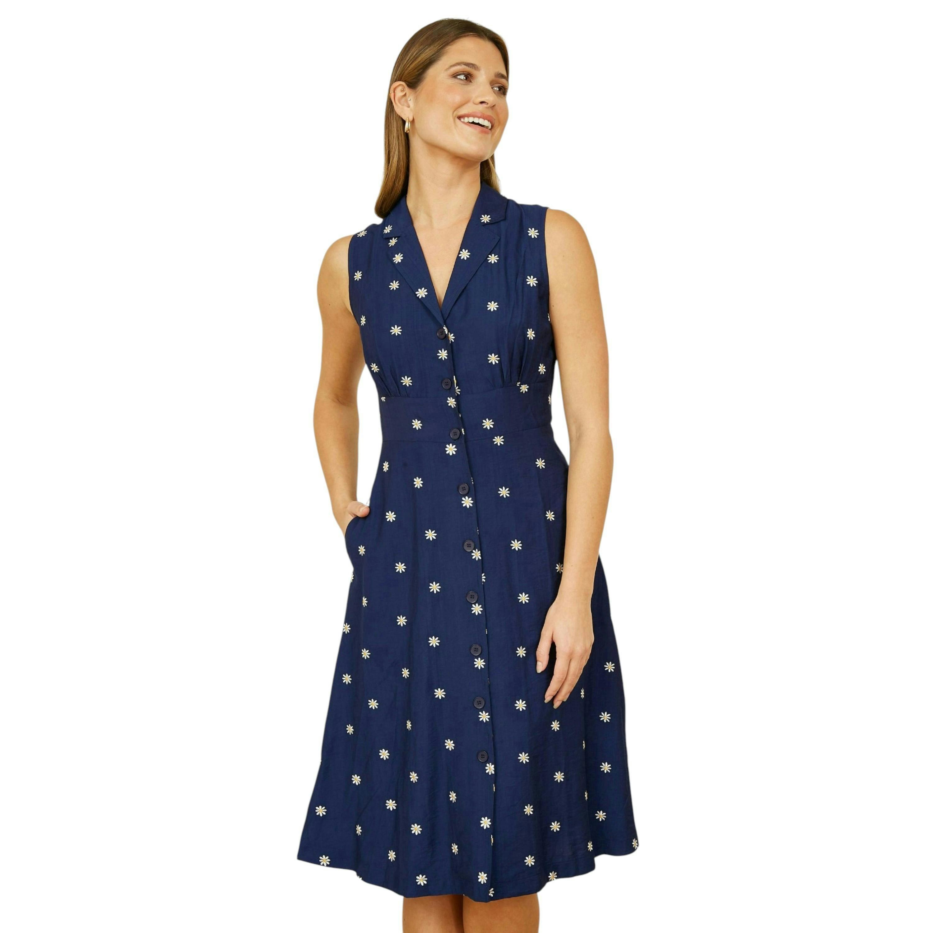 Yumi Navy Daisy Print Embroidered Sleeveless Shirt Dress , view 5 of 5
