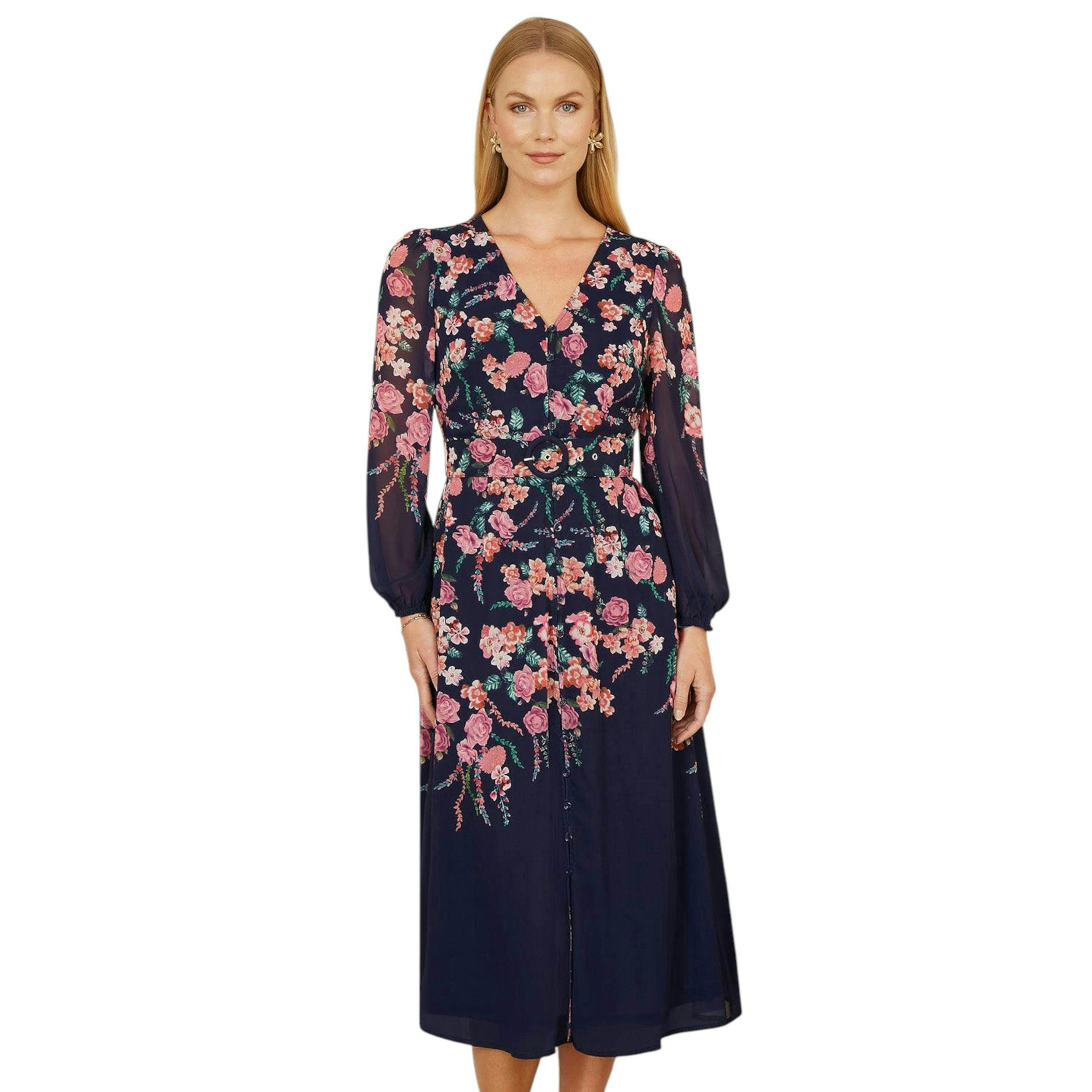 Yumi Navy Button Up  Midi Dress With Floral Placement And Long Sleeves , view 1 of 4