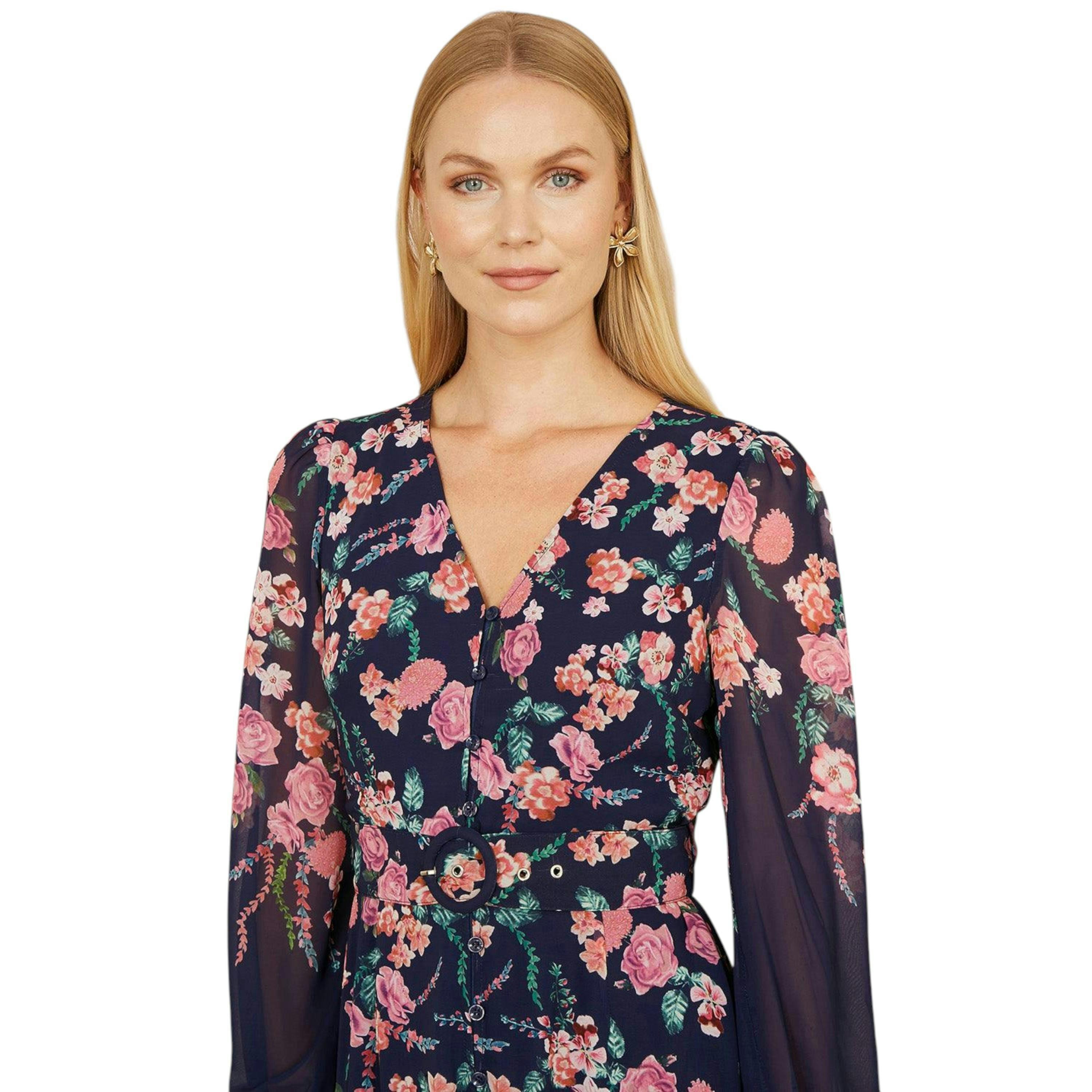 Yumi Navy Button Up  Midi Dress With Floral Placement And Long Sleeves , view 2 of 4