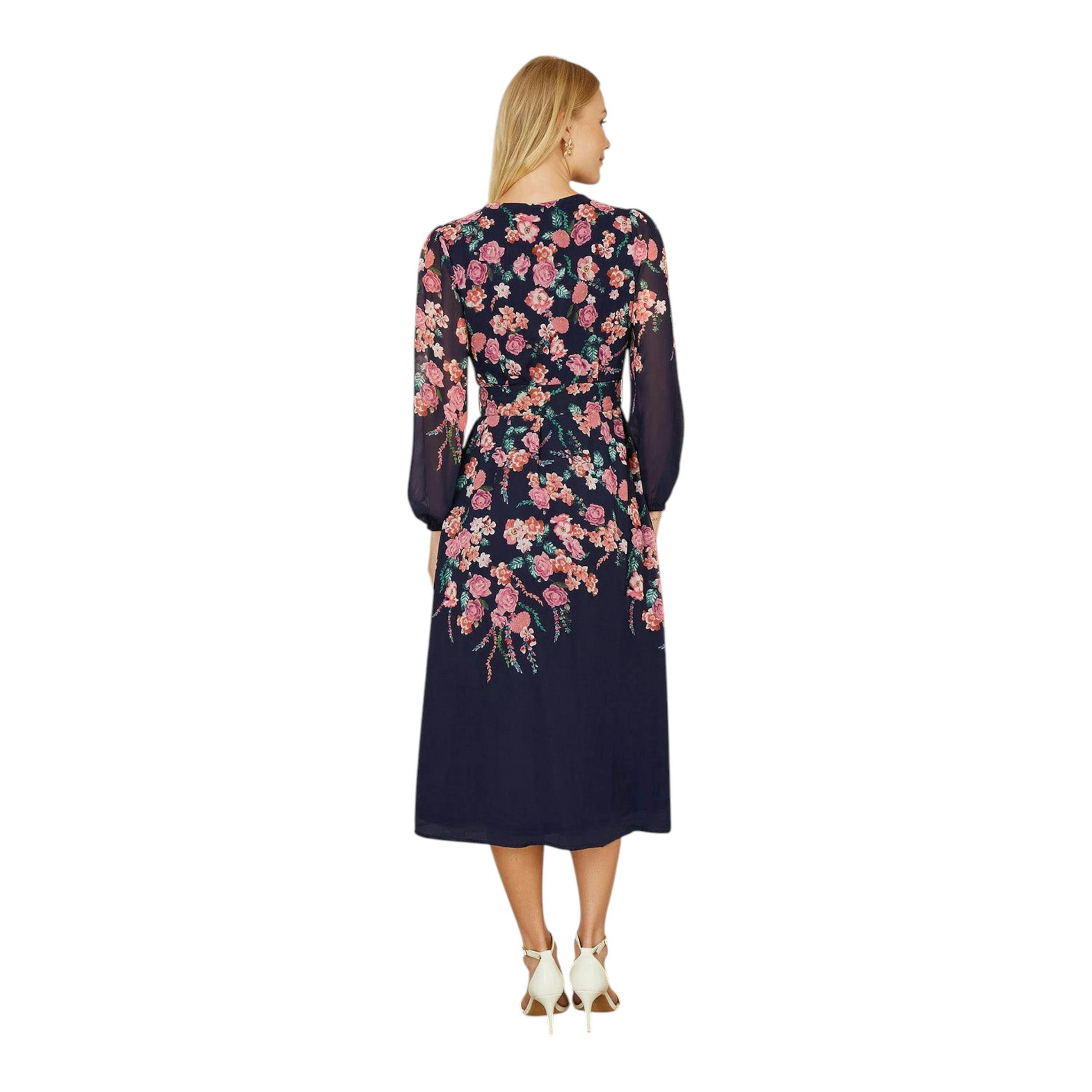 Yumi Navy Button Up  Midi Dress With Floral Placement And Long Sleeves , view 3 of 4