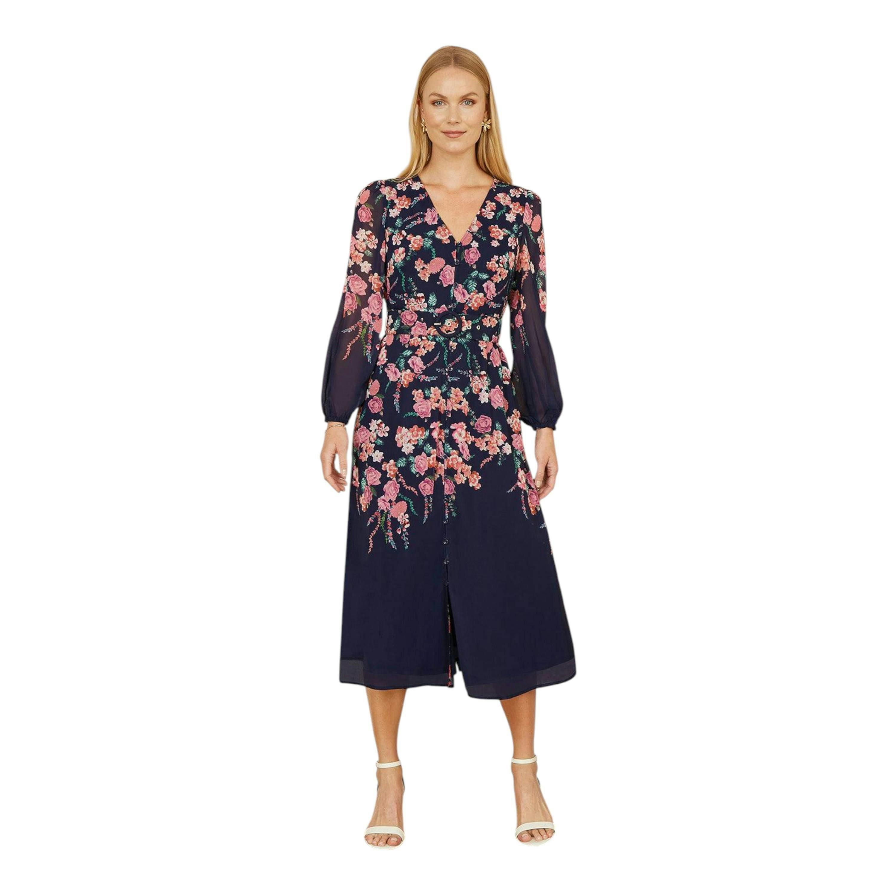 Yumi Navy Button Up  Midi Dress With Floral Placement And Long Sleeves , view 4 of 4