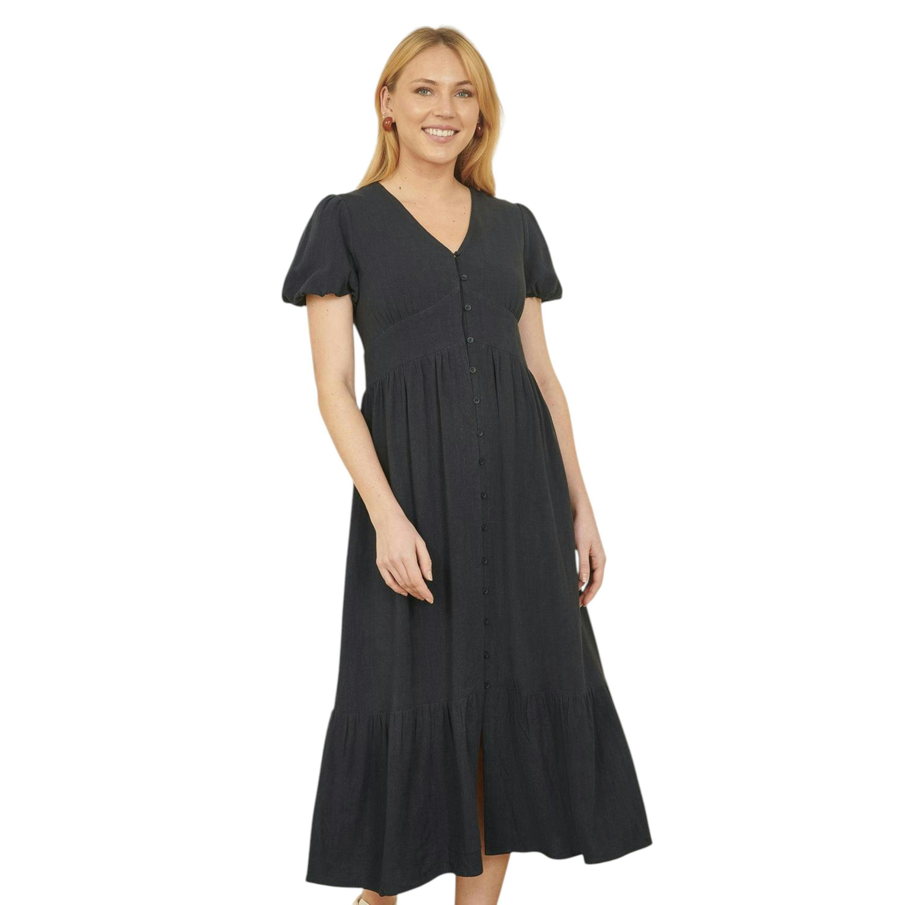 Yumi Navy Viscose Button Through Midi Dress , view 1 of 4