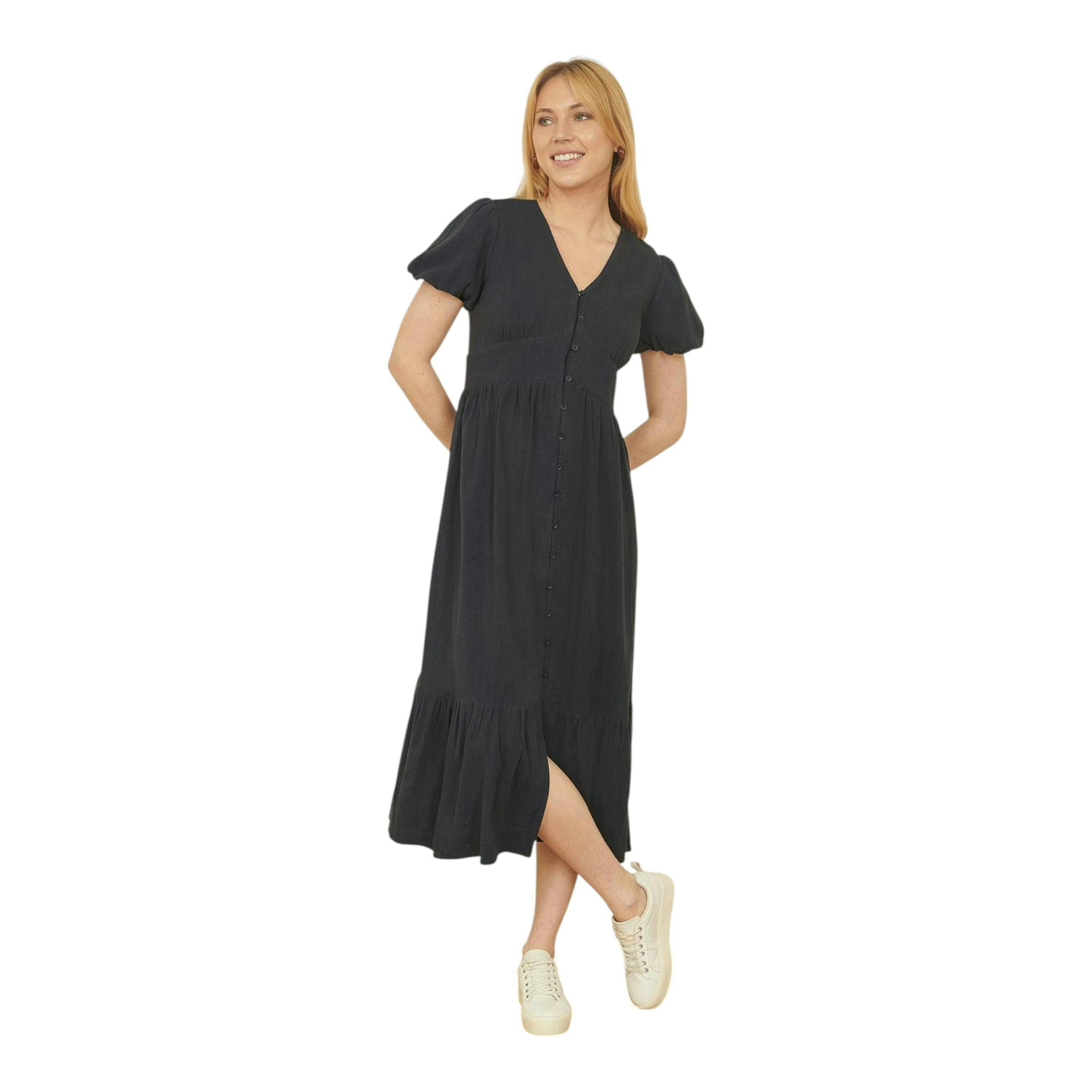 Yumi Navy Viscose Button Through Midi Dress , view 3 of 4