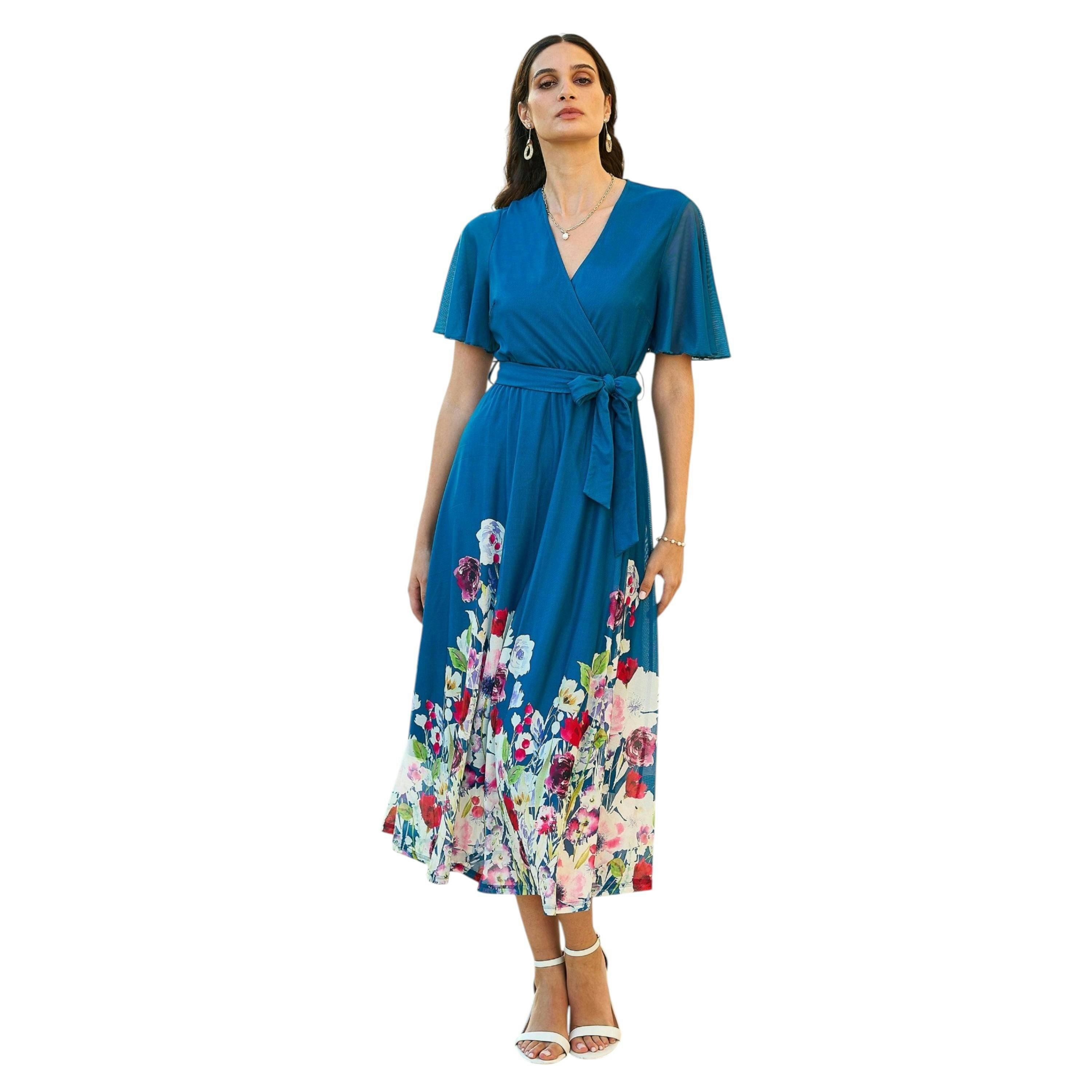 Yumi Teal Mesh Wrap Midi Dress With Floral Hem Border , view 1 of 5