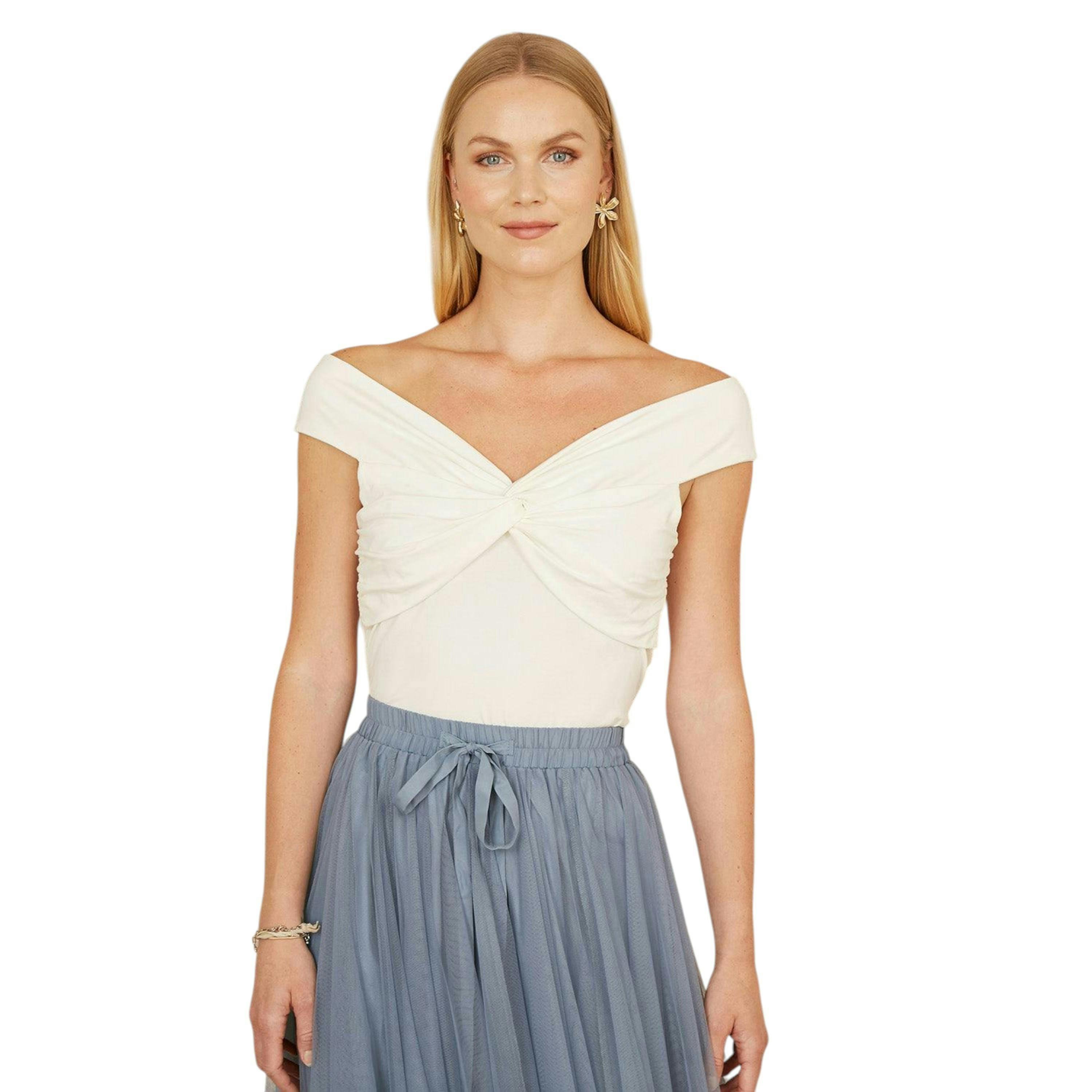 Yumi White Jersey Cotton Bardot Top With Knot Detail , view 1 of 4