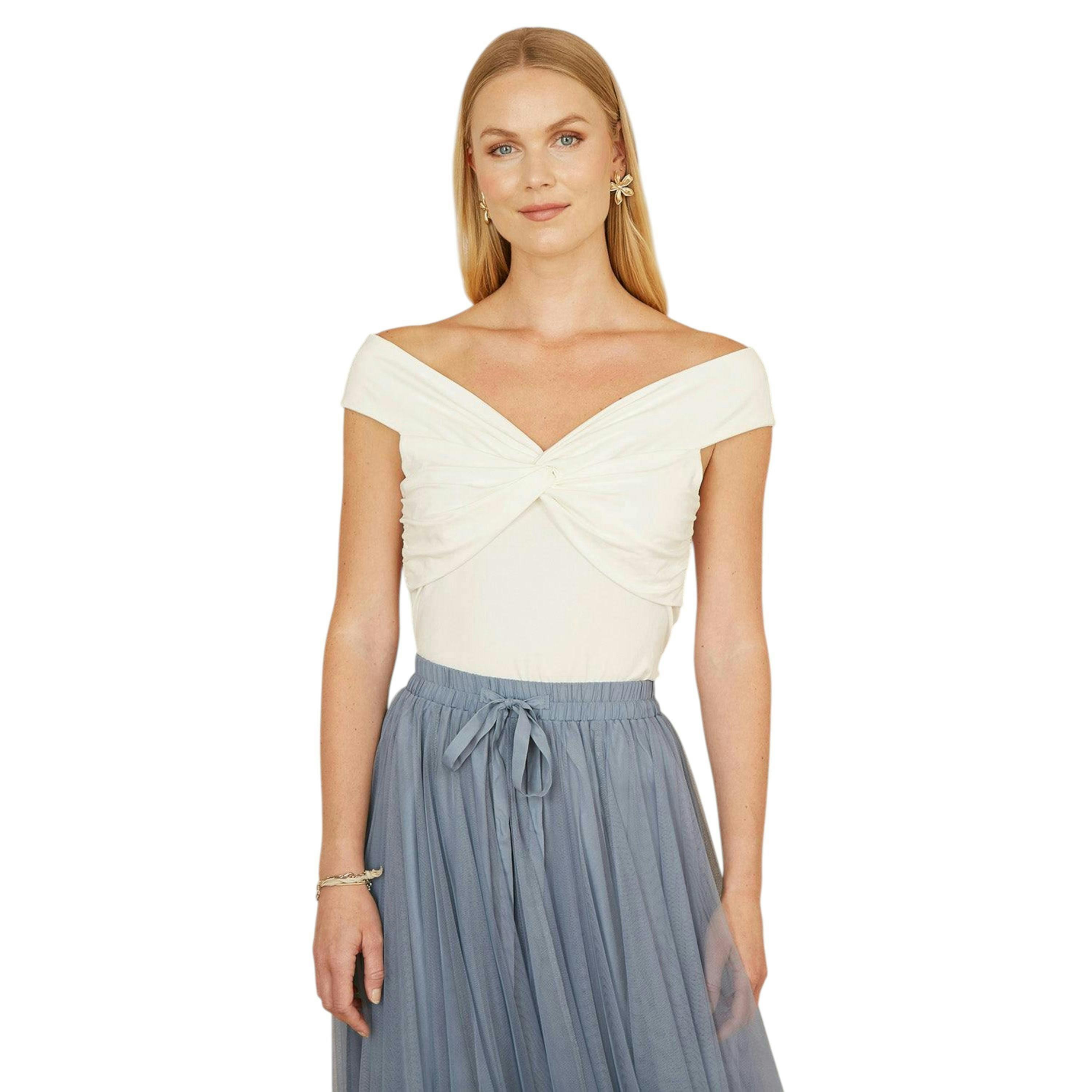 Yumi White Jersey Cotton Bardot Top With Knot Detail , view 3 of 4