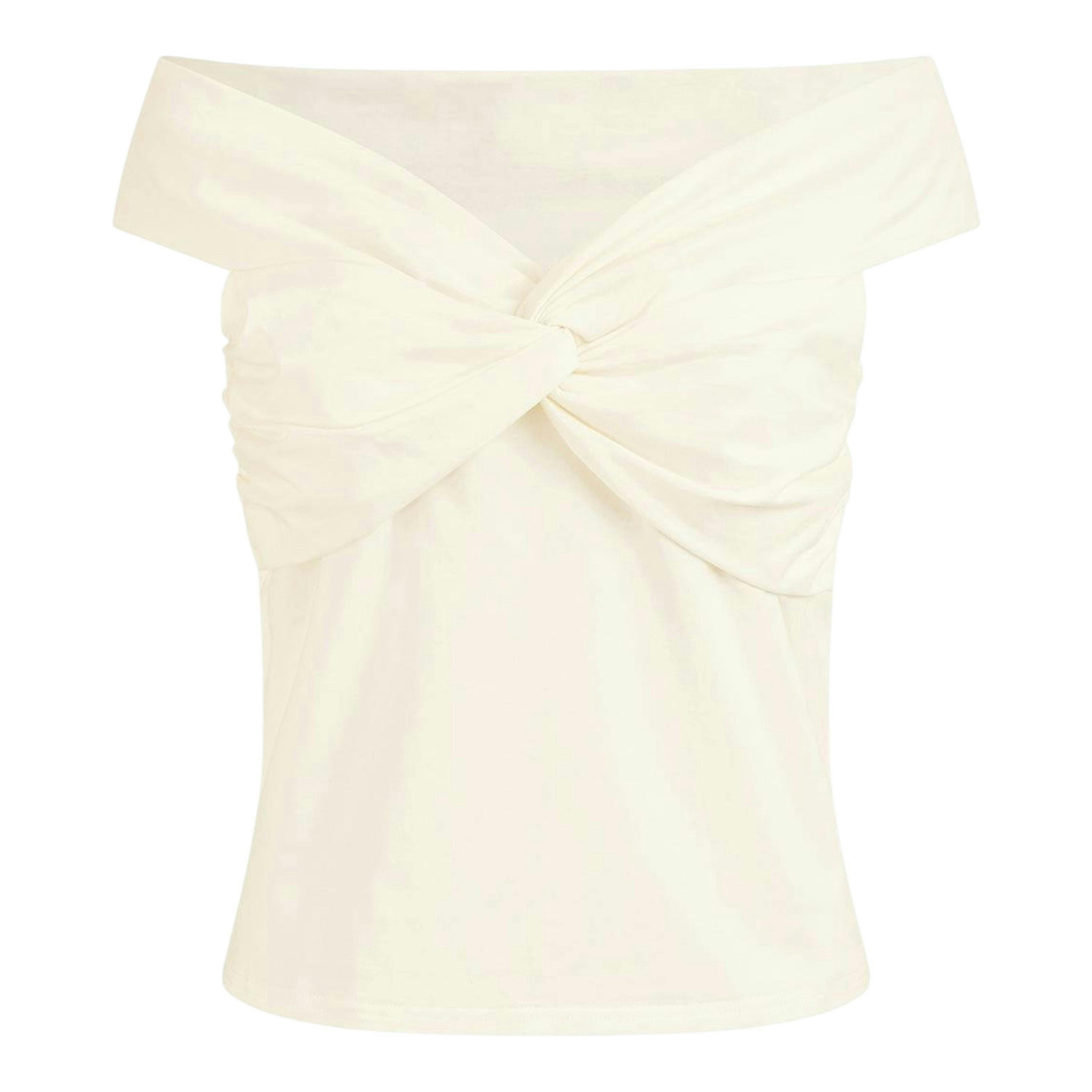 Yumi White Jersey Cotton Bardot Top With Knot Detail , view 4 of 4