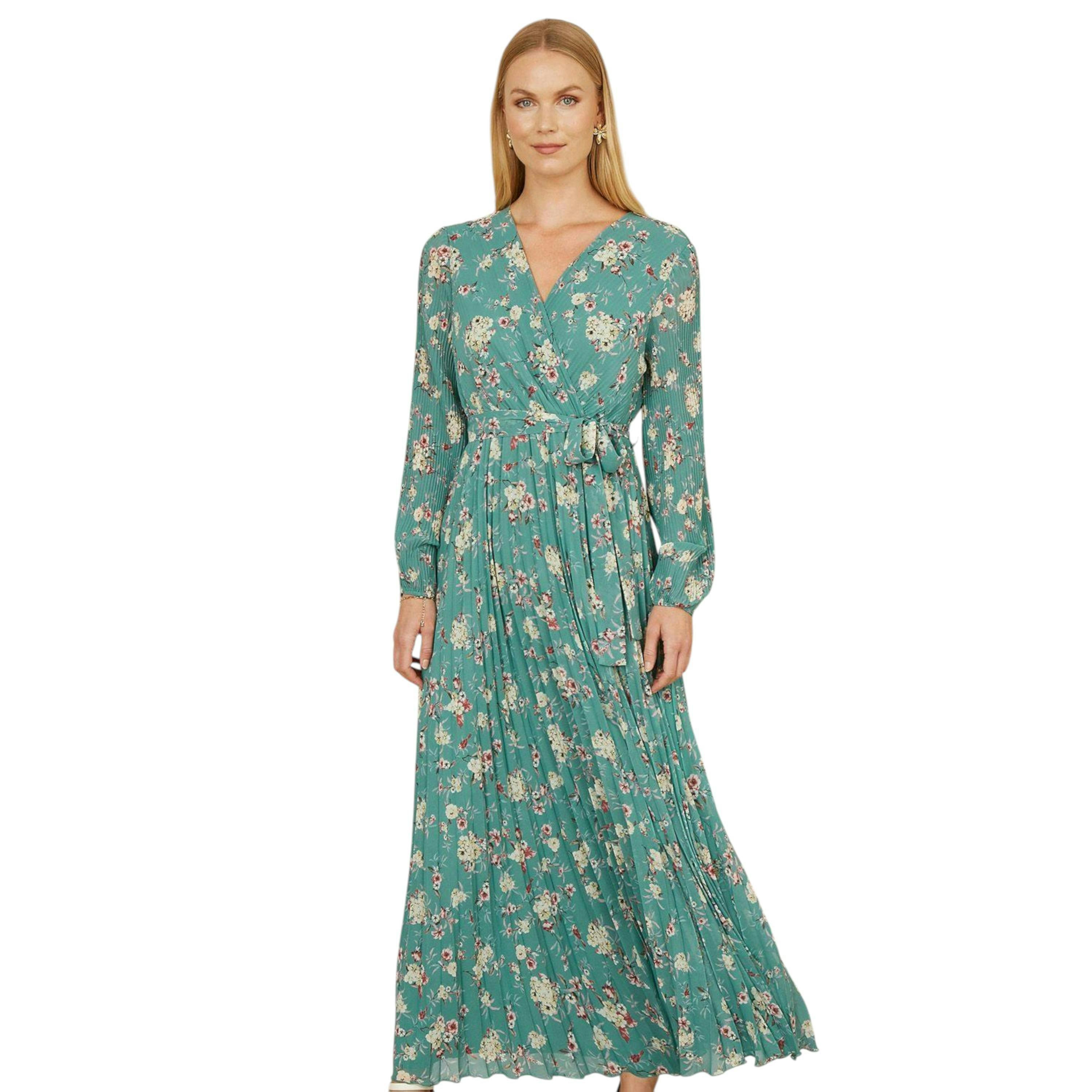 Yumi Mint Green Floral Pleated Long Sleeve Wrap Over Midi Dress , view 1 of 4