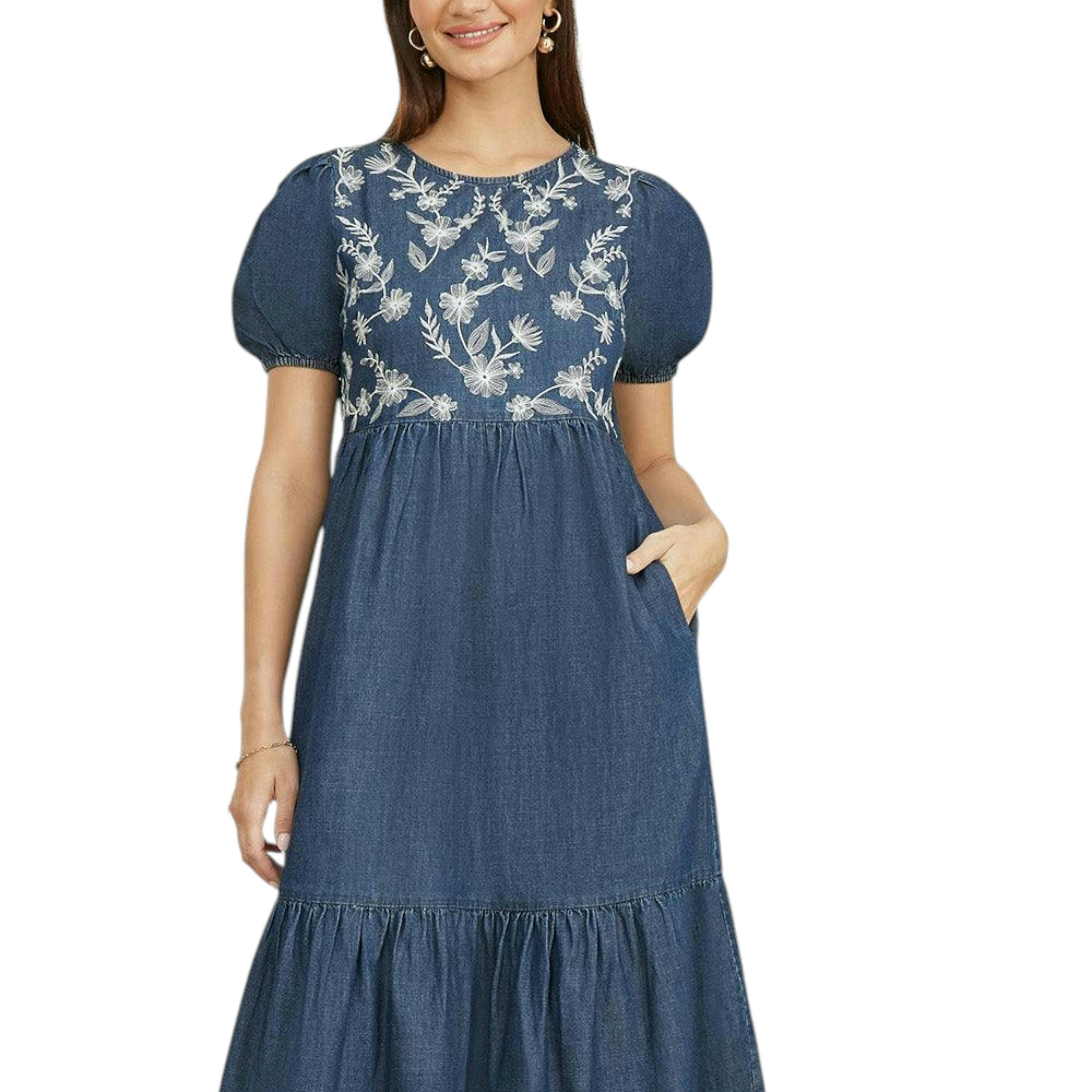 Yumi Blue Chambray Denim Midi Dress With Embroidery And Puff Sleeves , view 1 of 4