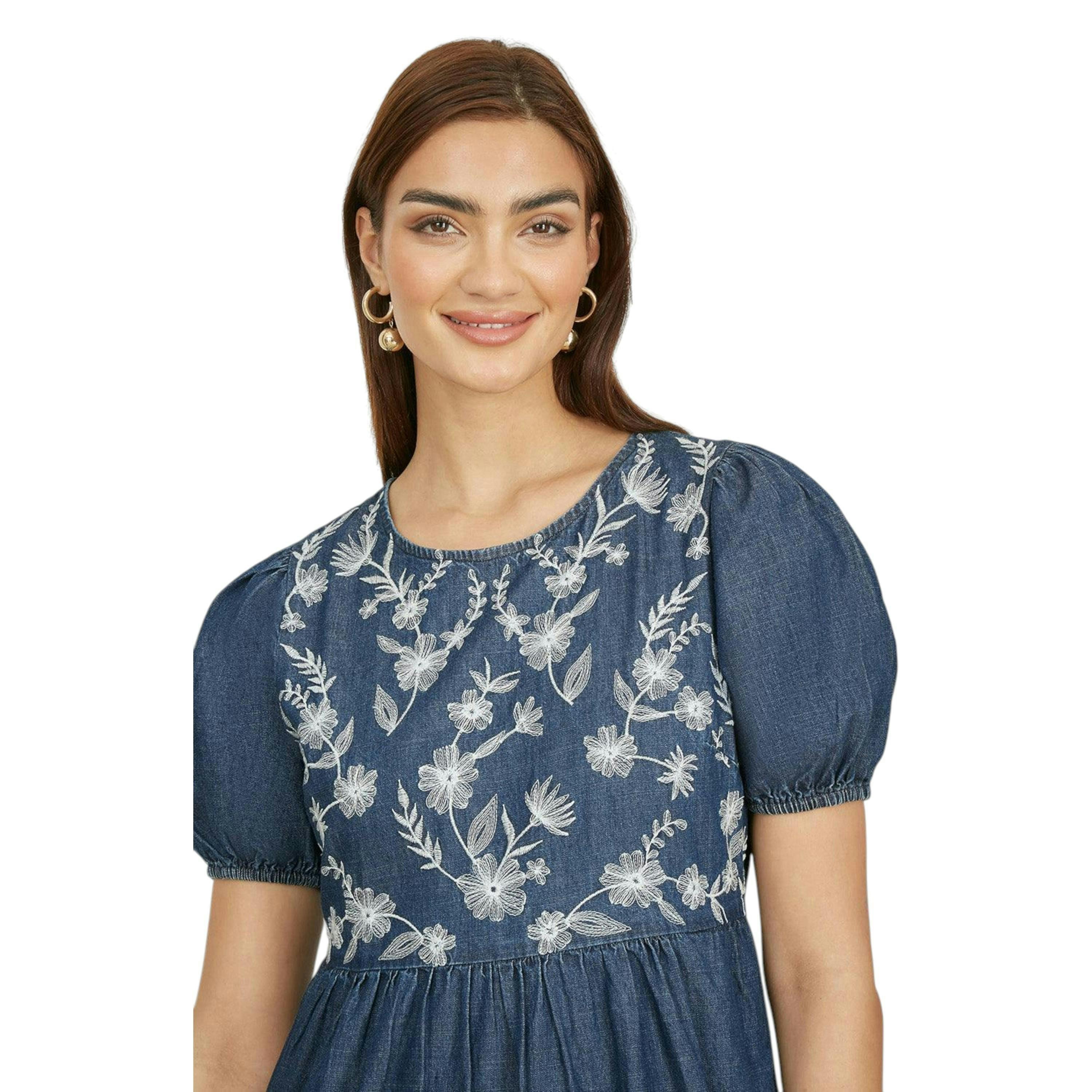 Yumi Blue Chambray Denim Midi Dress With Embroidery And Puff Sleeves , view 2 of 4