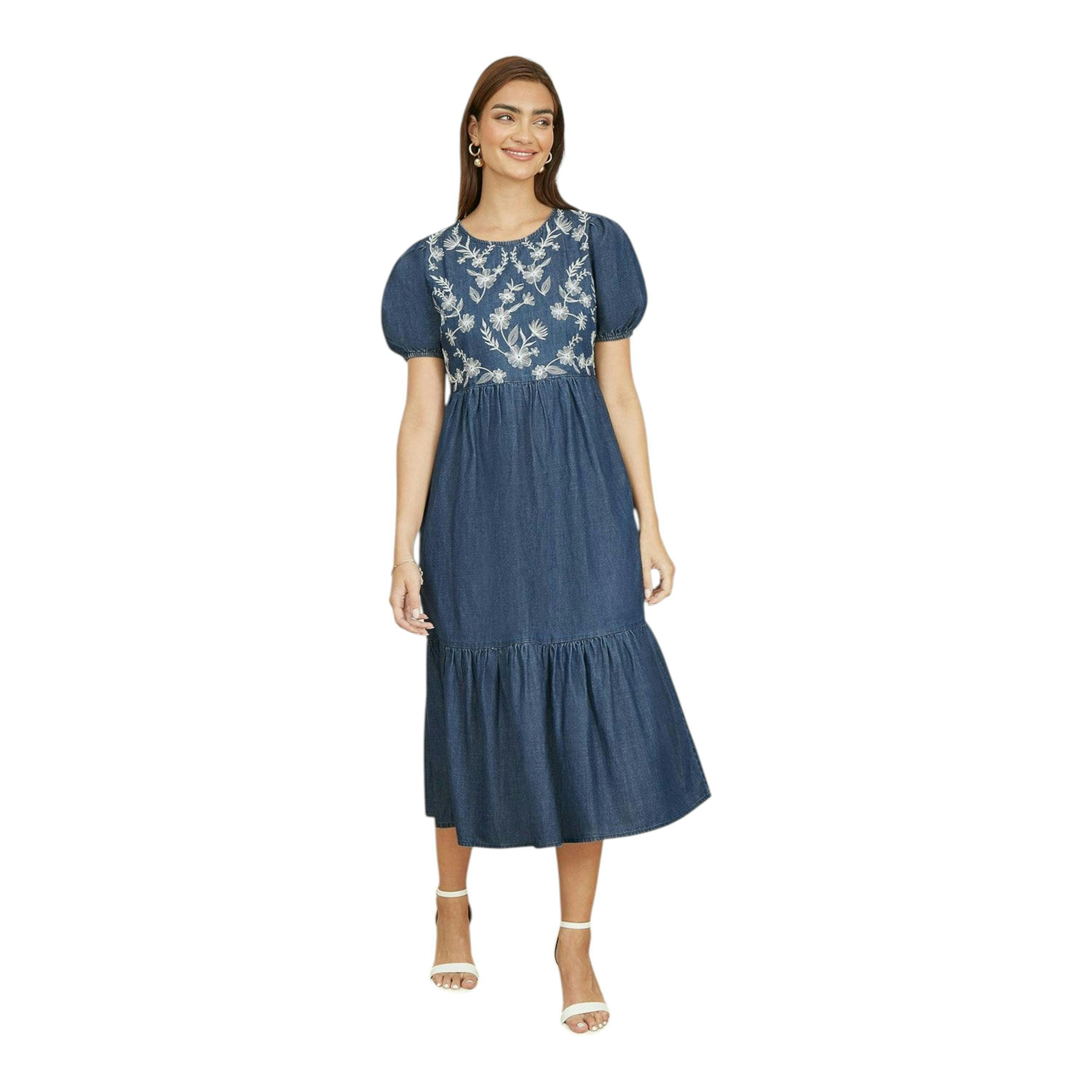 Yumi Blue Chambray Denim Midi Dress With Embroidery And Puff Sleeves , view 3 of 4