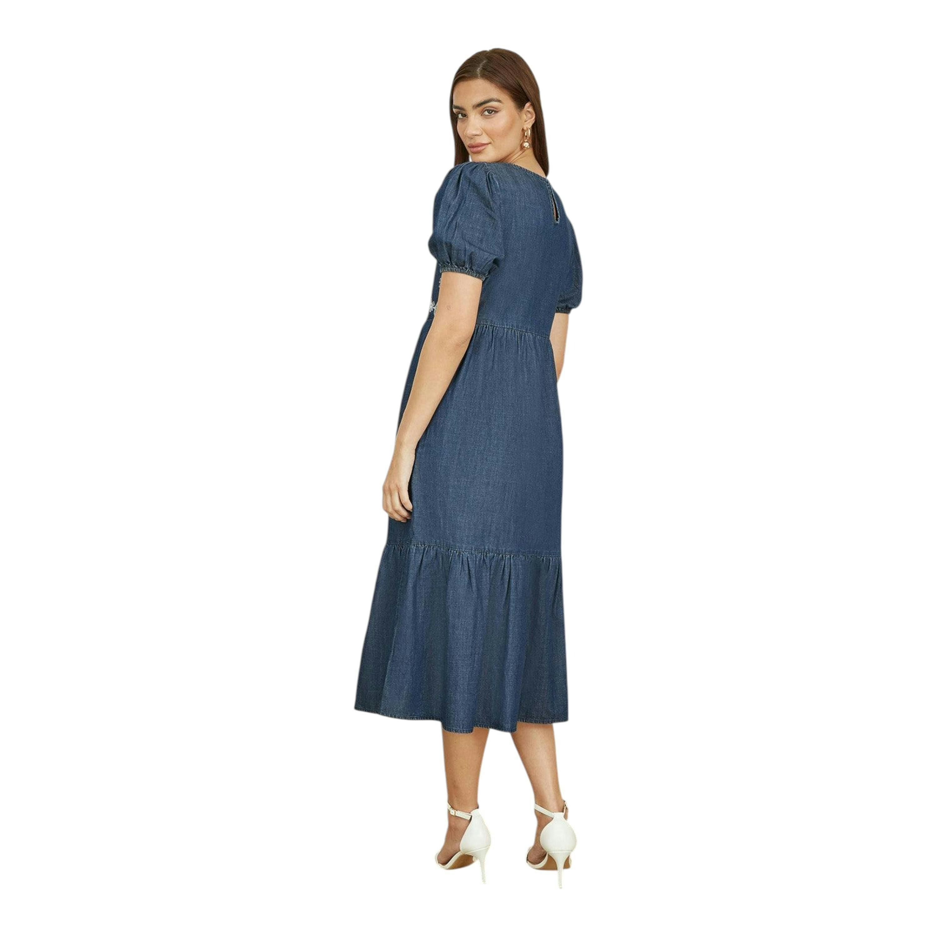 Yumi Blue Chambray Denim Midi Dress With Embroidery And Puff Sleeves , view 4 of 4