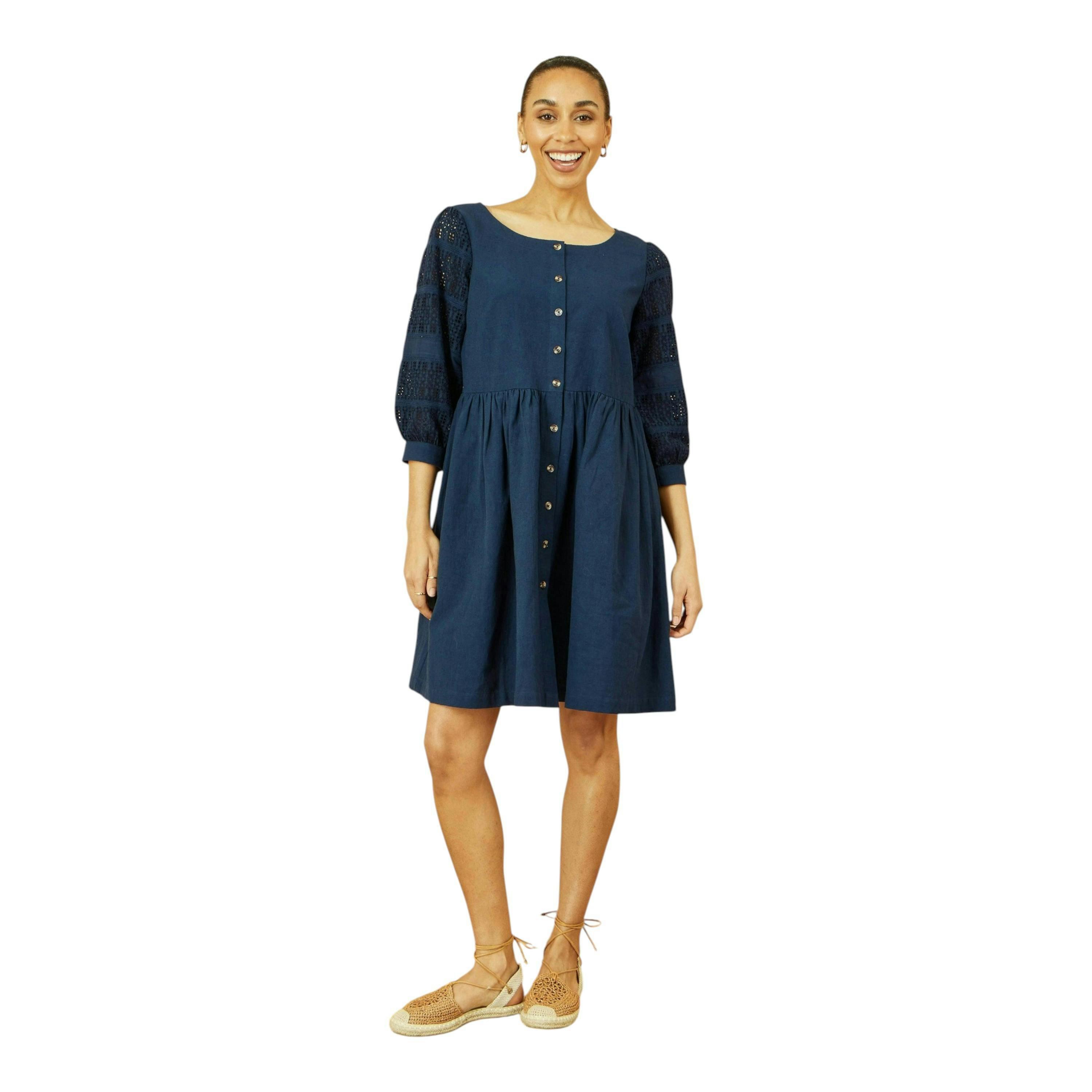 Yumi Navy Cotton Tunic With Broderie Anglaise Puff Sleeves , view 1 of 6