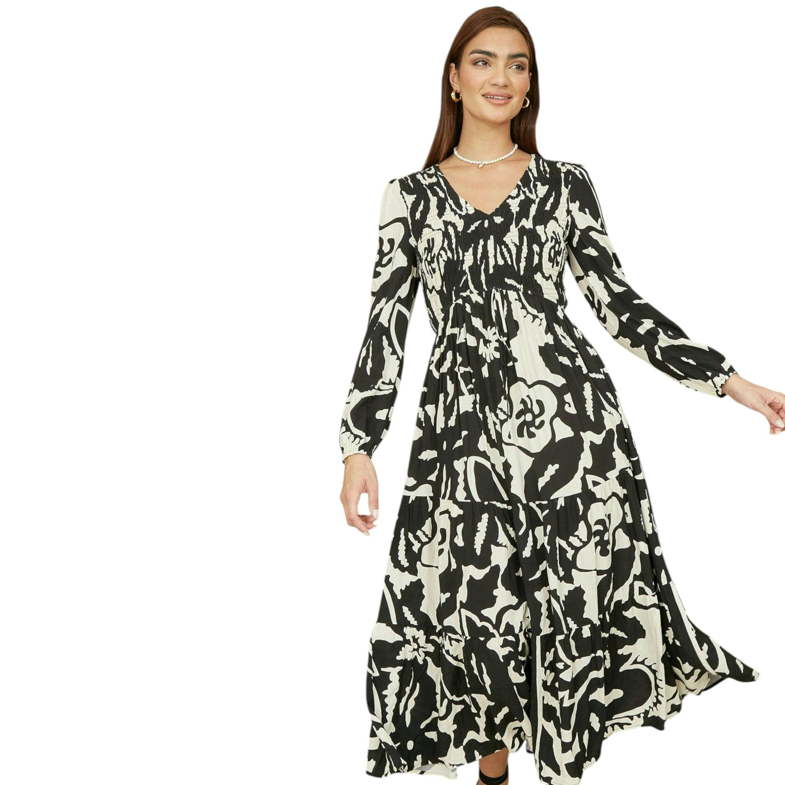 Yumi Black Abstract Print Ruched Midi Dress With Long Sleeves , view 1 of 6