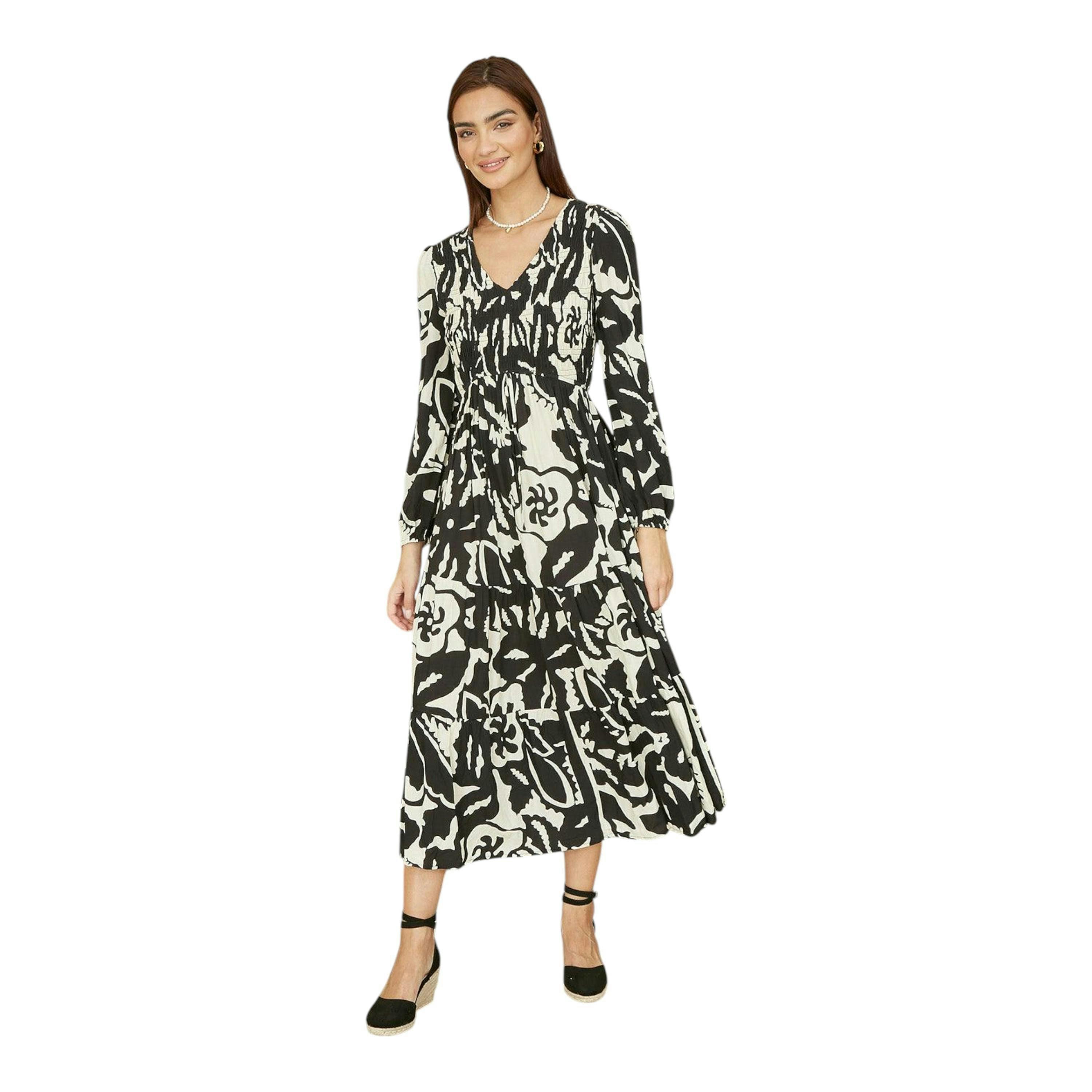 Yumi Black Abstract Print Ruched Midi Dress With Long Sleeves , view 2 of 6