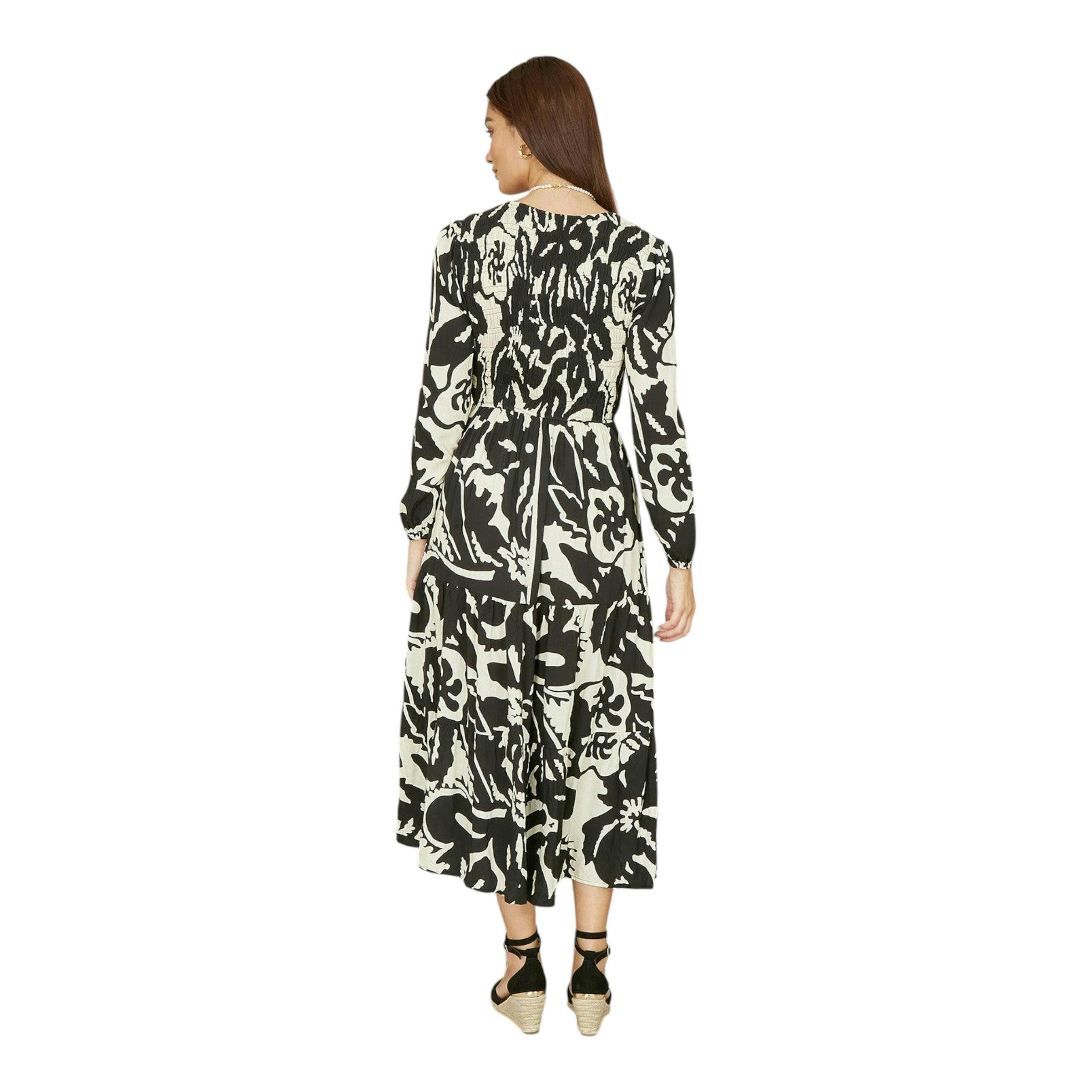 Yumi Black Abstract Print Ruched Midi Dress With Long Sleeves , view 3 of 6
