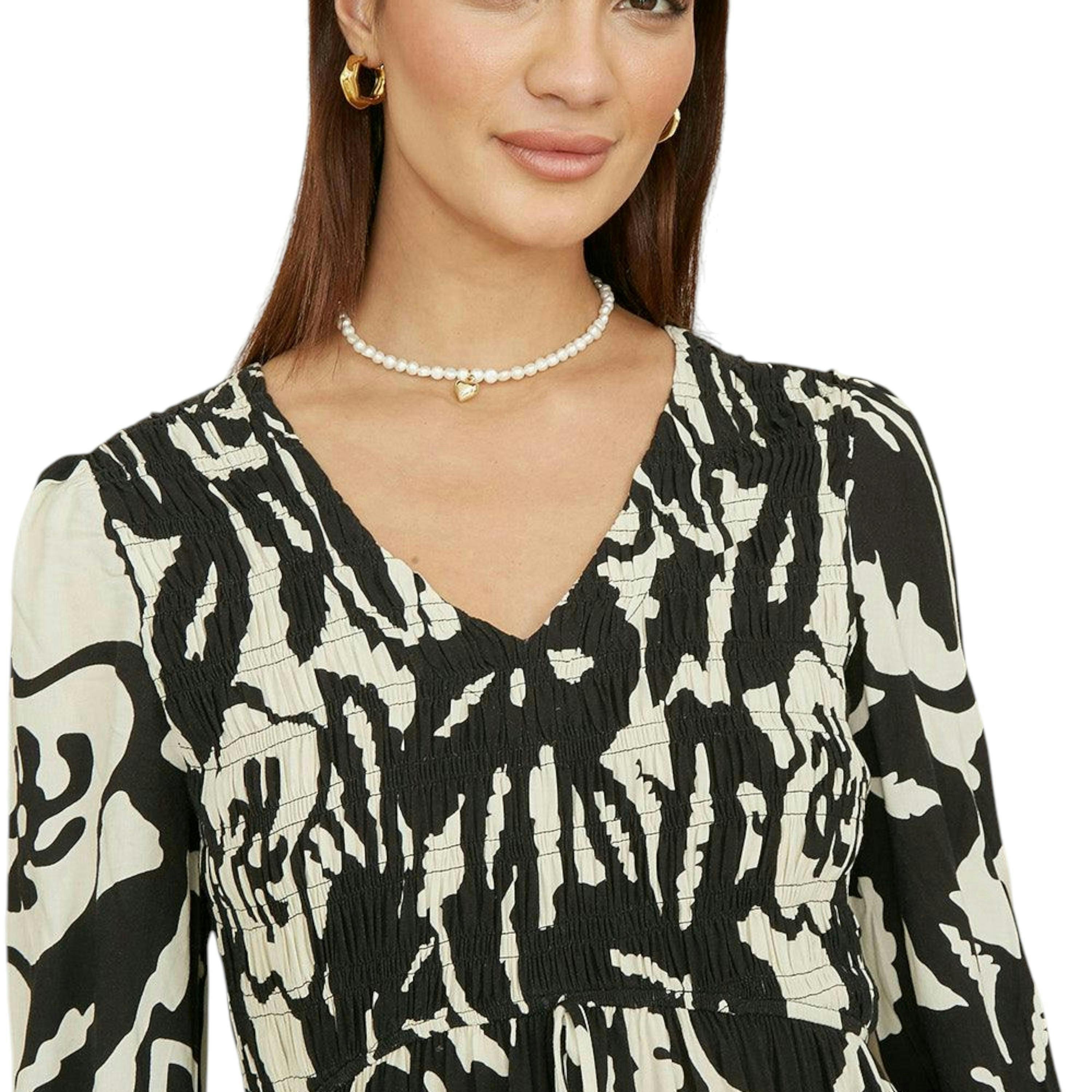Yumi Black Abstract Print Ruched Midi Dress With Long Sleeves , view 4 of 6