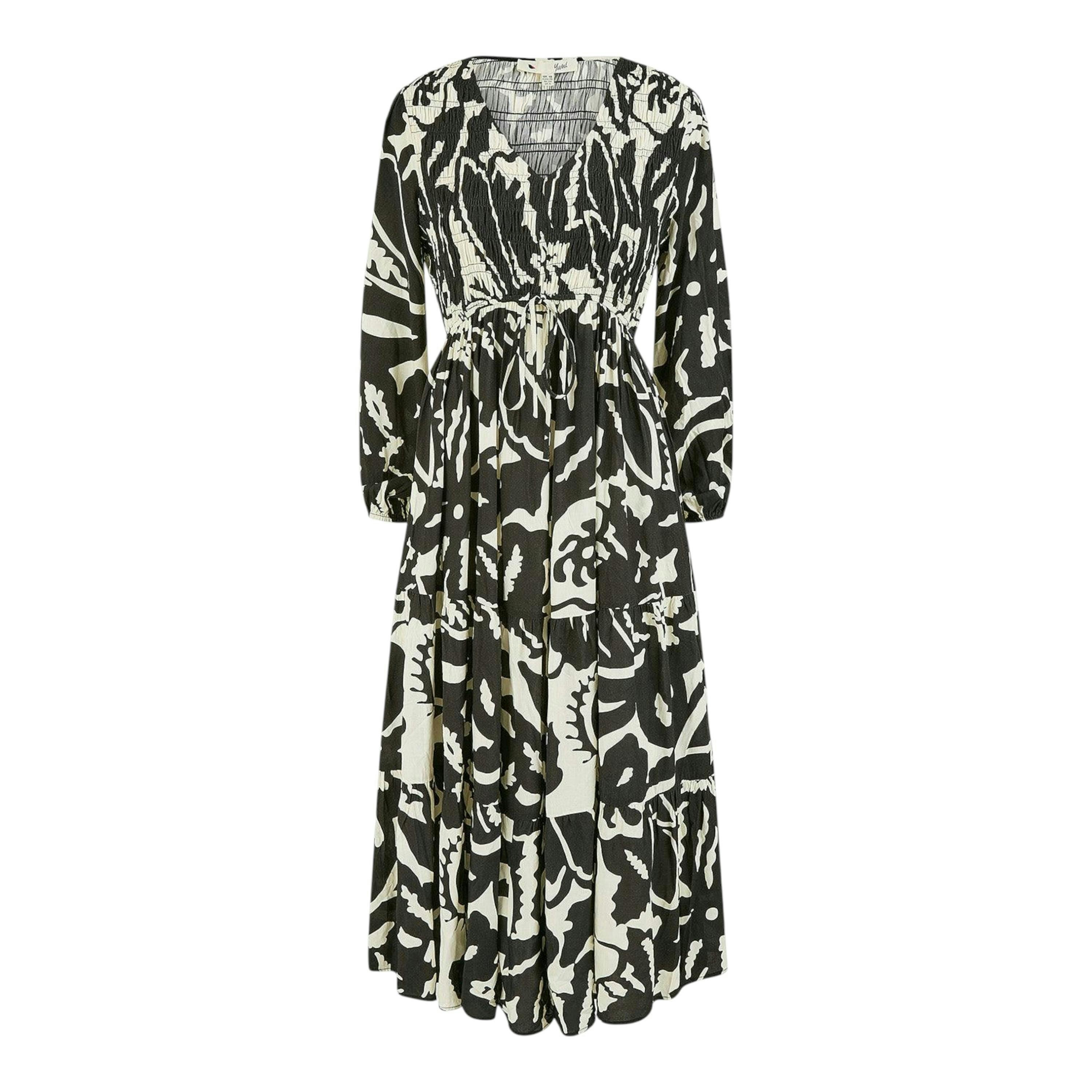 Yumi Black Abstract Print Ruched Midi Dress With Long Sleeves , view 6 of 6