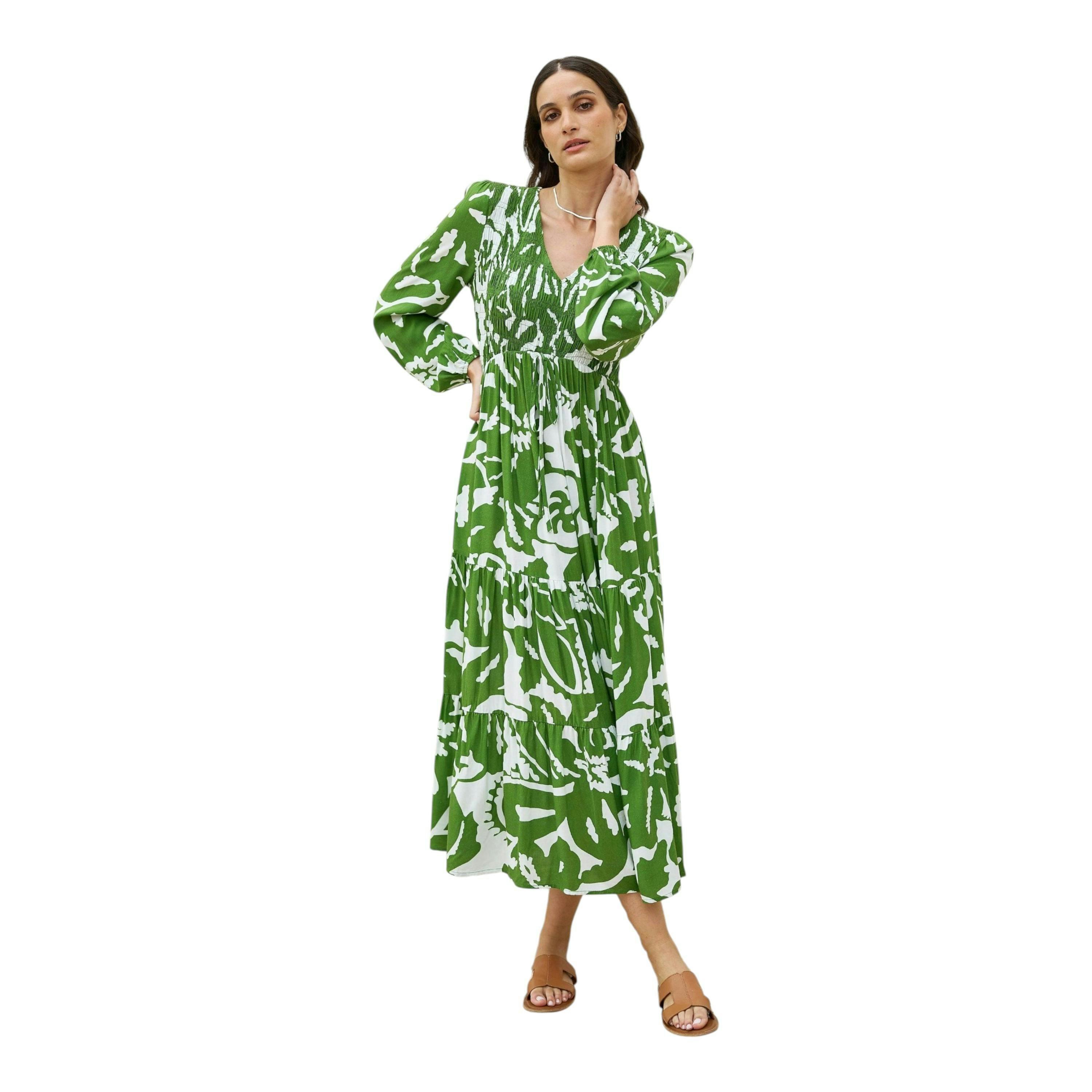 Yumi Green Abstract Print Ruched Midi Dress With Long Sleeves , view 1 of 6