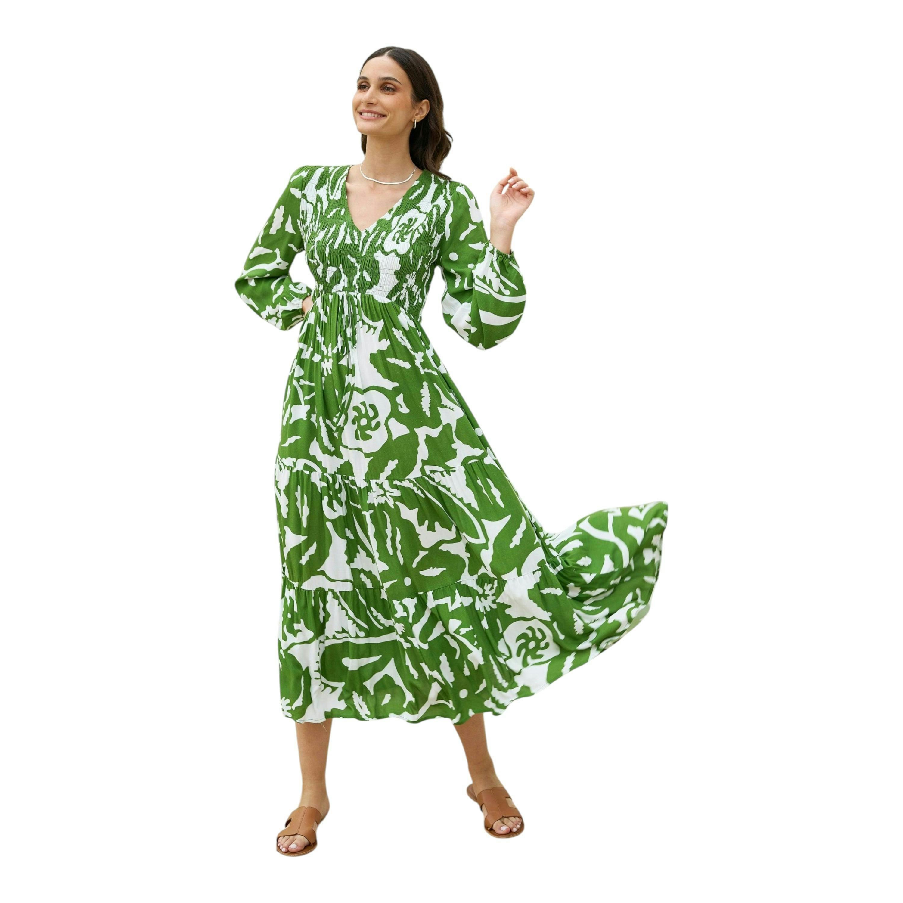 Yumi Green Abstract Print Ruched Midi Dress With Long Sleeves , view 2 of 6