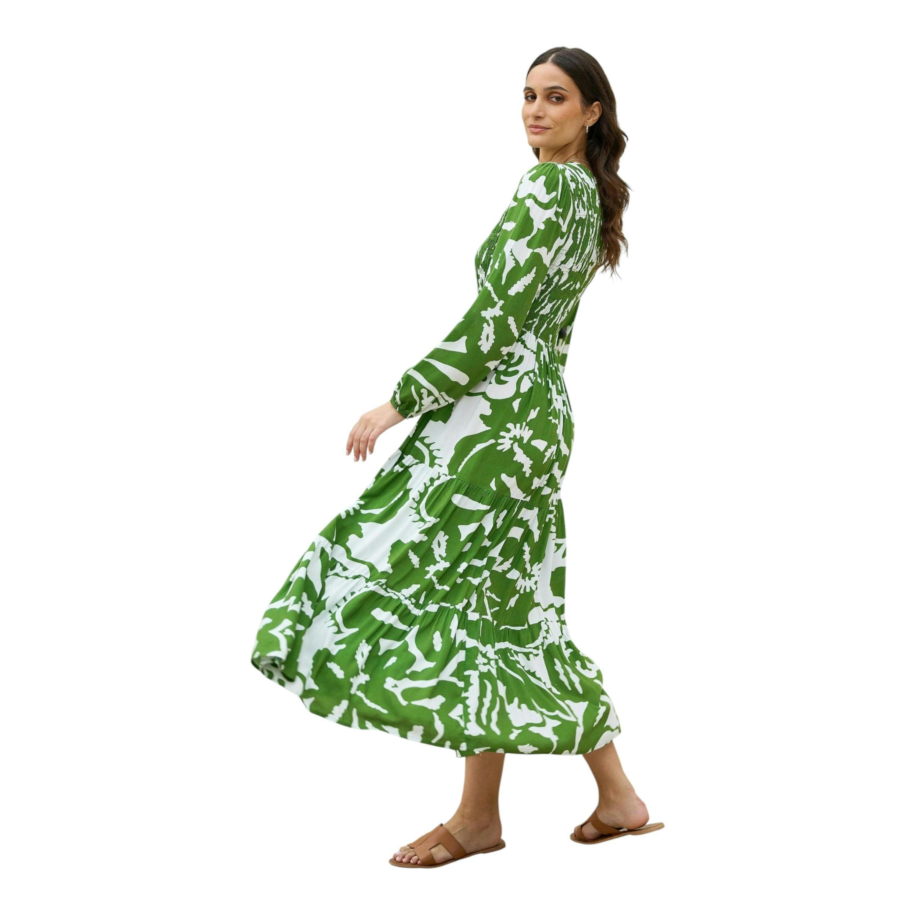 Yumi Green Abstract Print Ruched Midi Dress With Long Sleeves , view 3 of 6