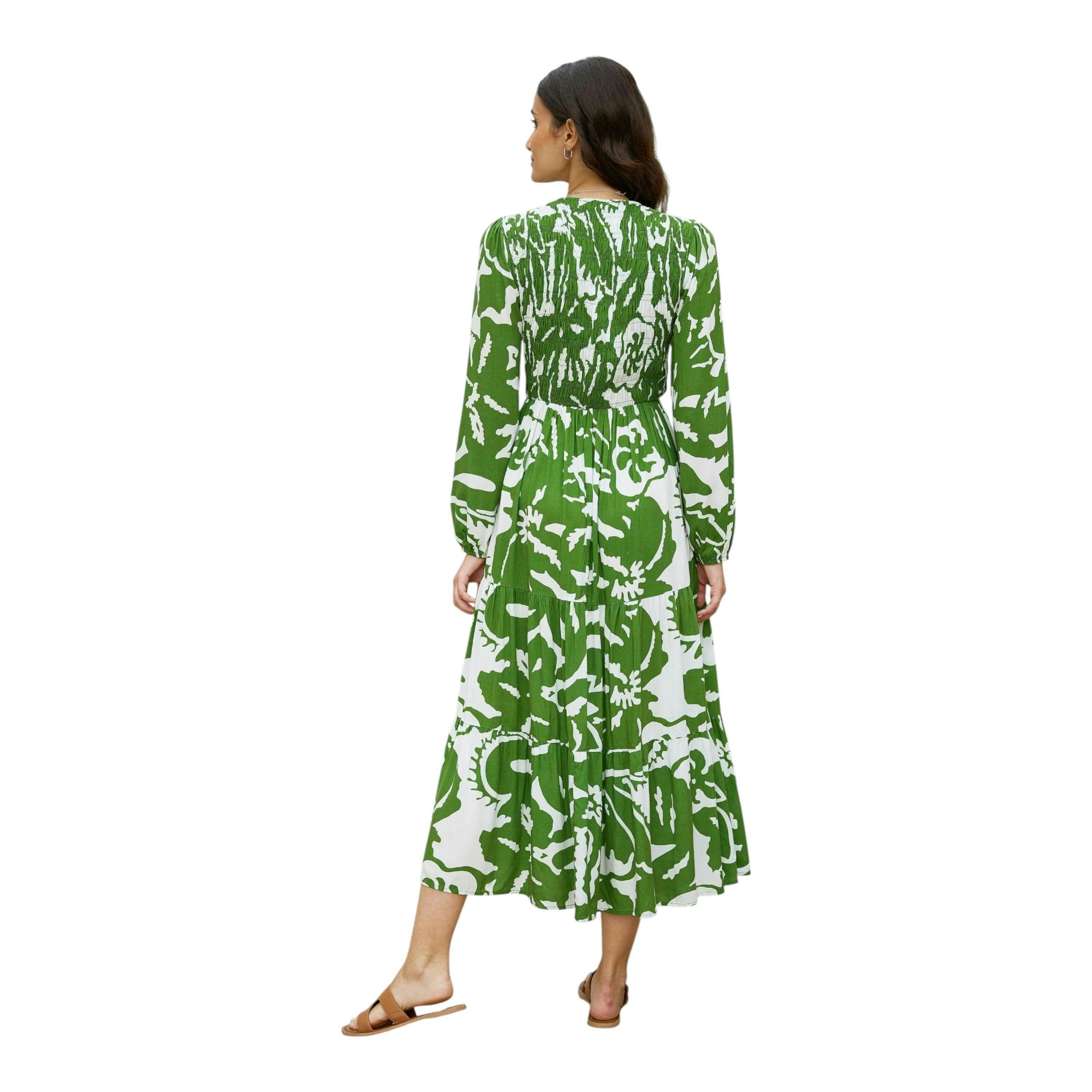 Yumi Green Abstract Print Ruched Midi Dress With Long Sleeves , view 4 of 6
