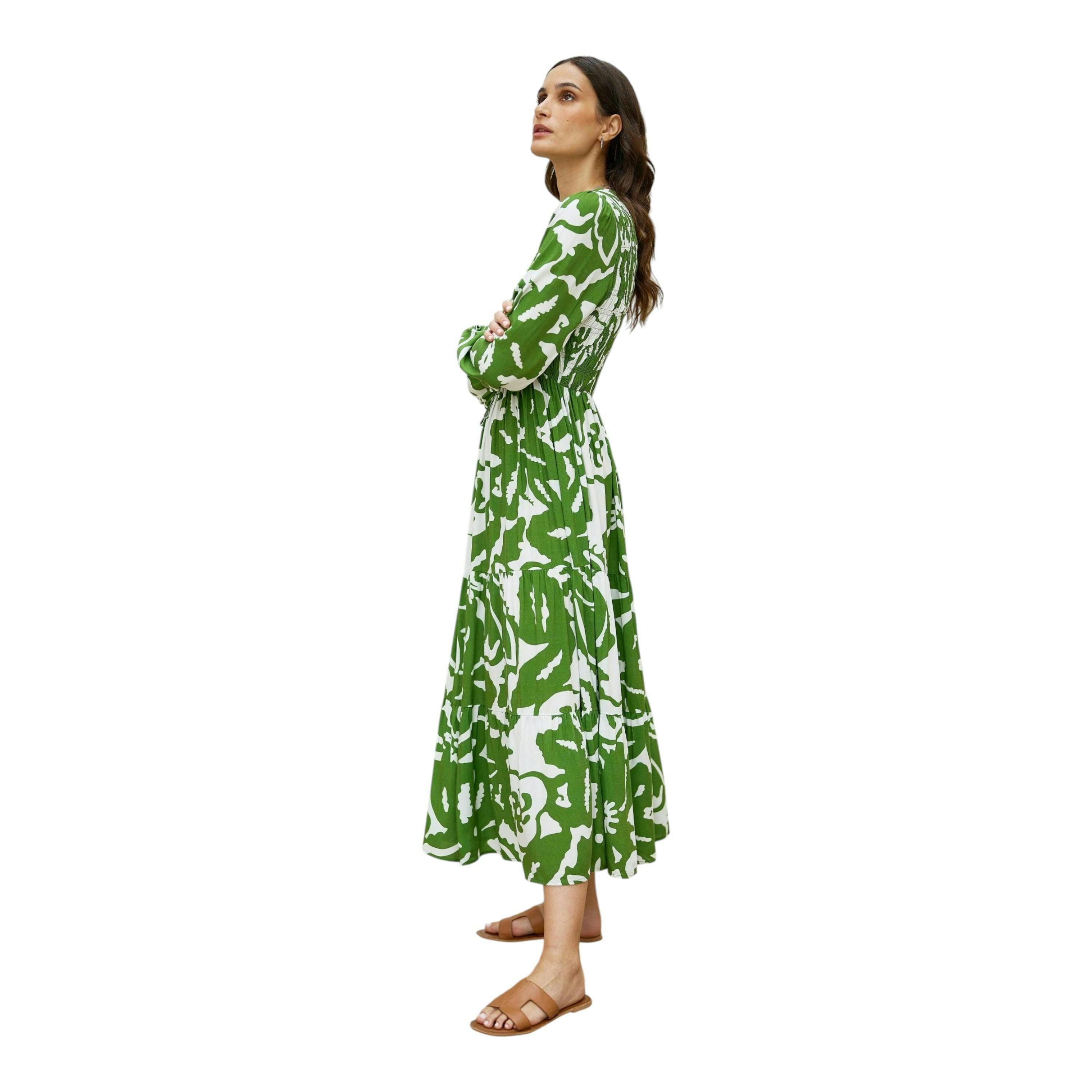 Yumi Green Abstract Print Ruched Midi Dress With Long Sleeves , view 5 of 6
