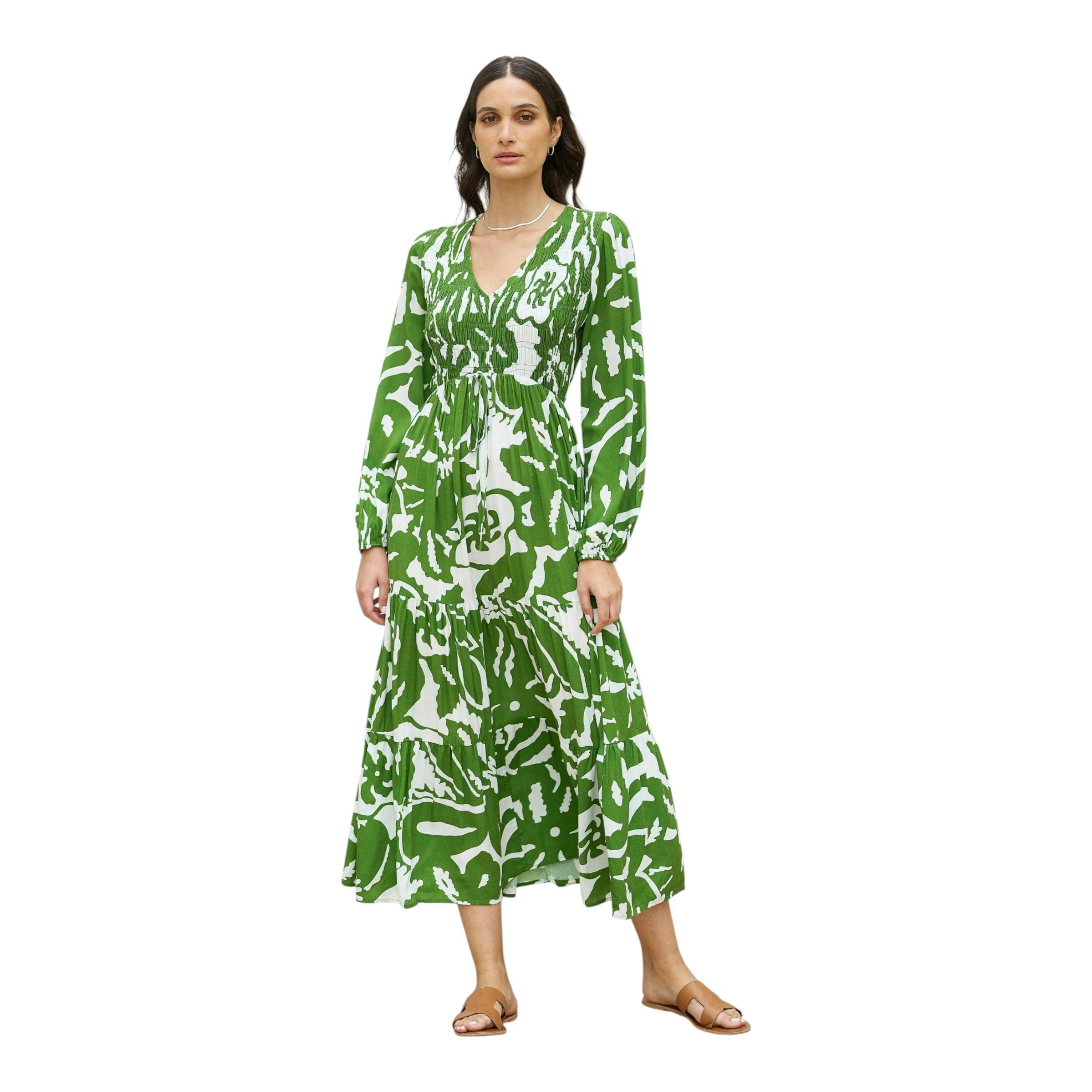 Yumi Green Abstract Print Ruched Midi Dress With Long Sleeves , view 6 of 6