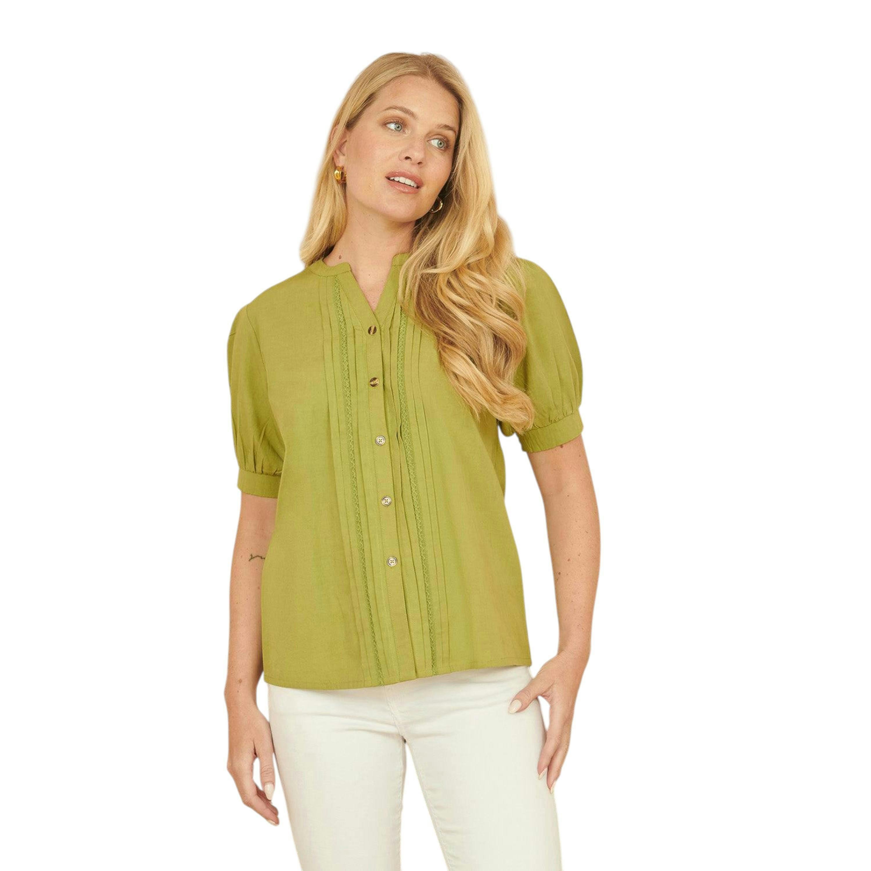 Yumi Green Cotton Pleated short Sleeve Shirt , view 1 of 4