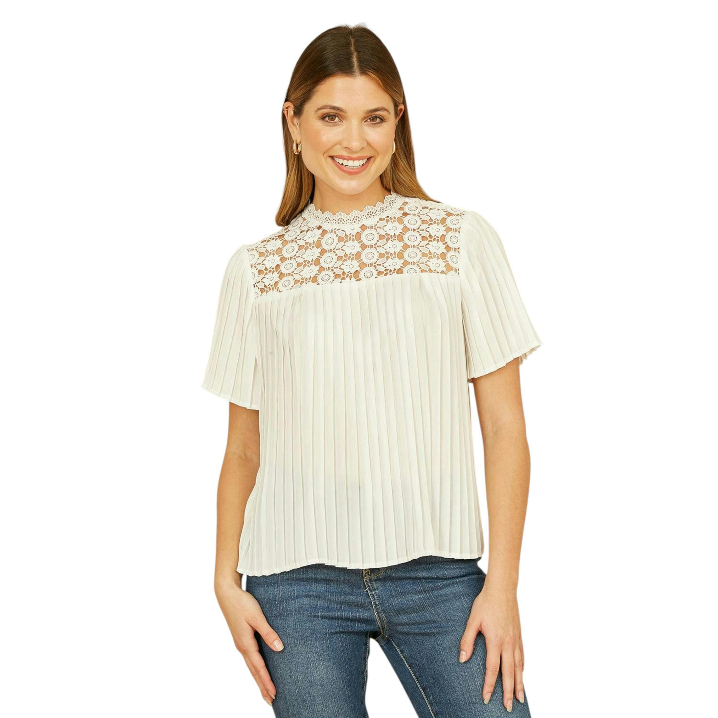 Yumi White Lace Panel Pleated Short Sleeve Top , view 1 of 5