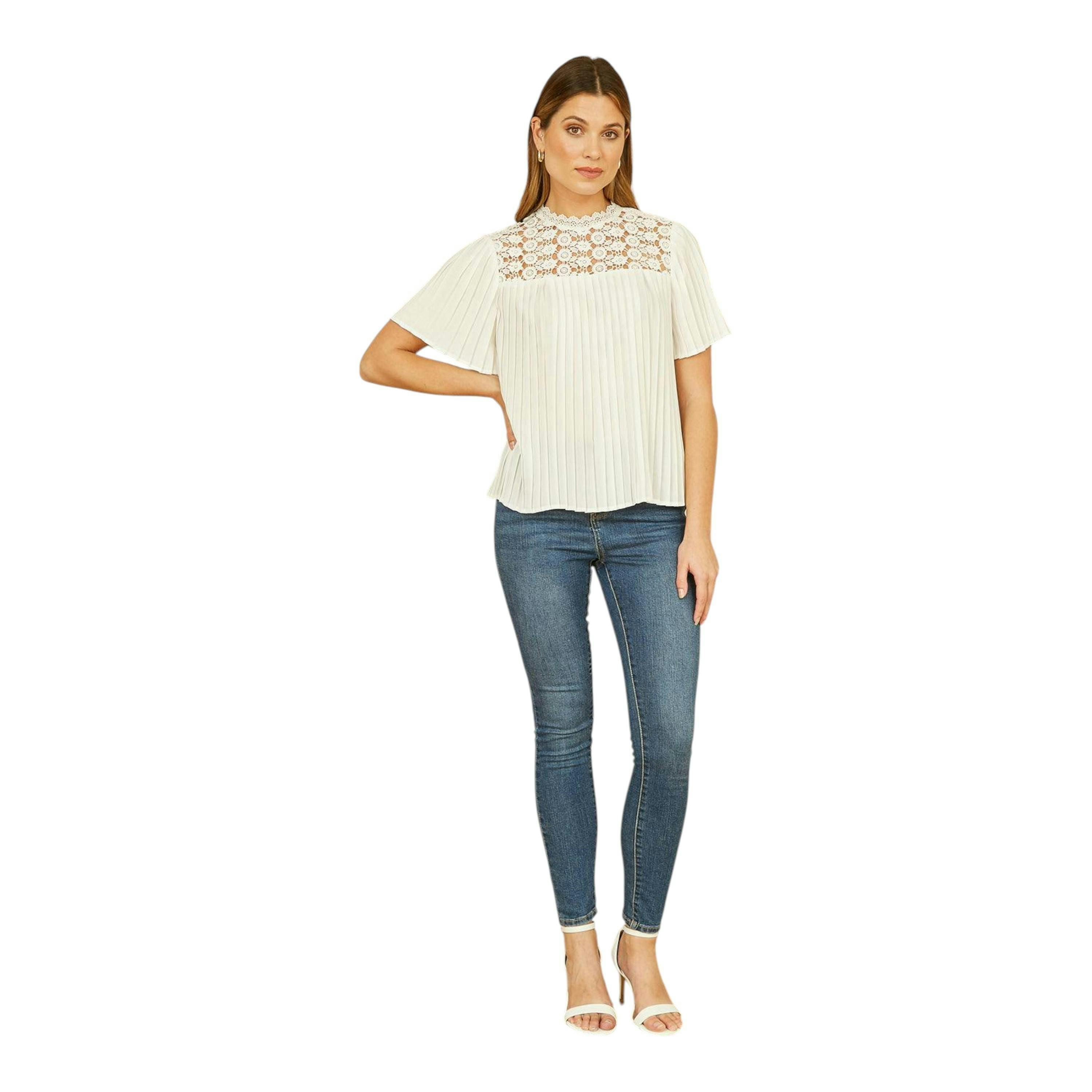 Yumi White Lace Panel Pleated Short Sleeve Top , view 2 of 5