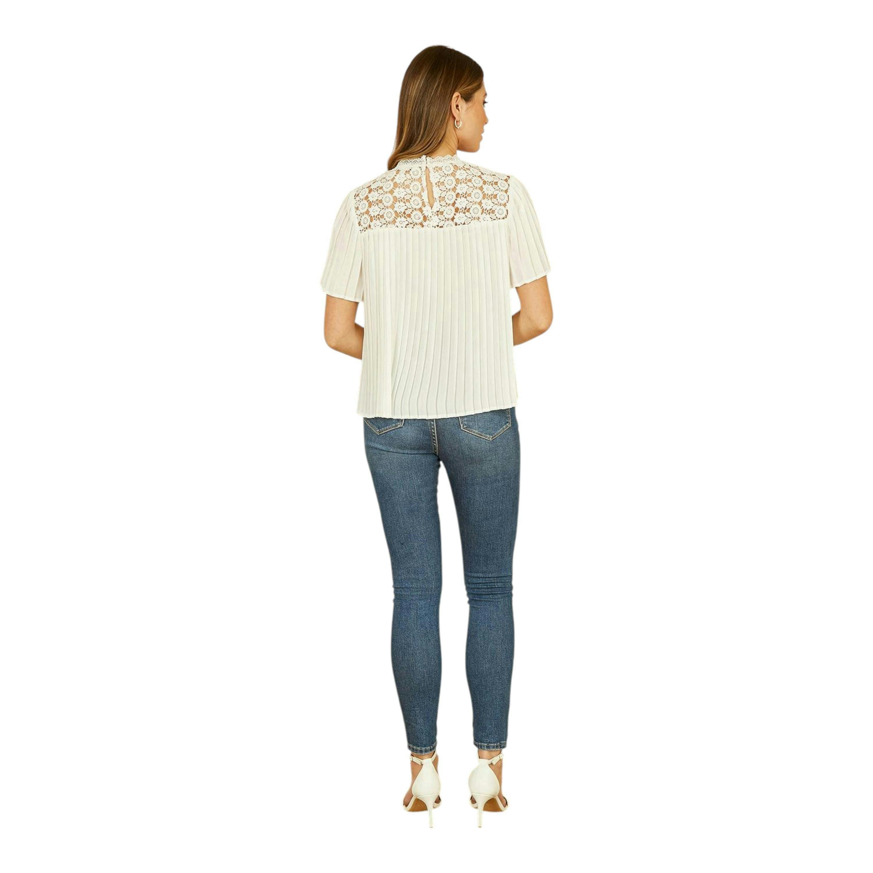 Yumi White Lace Panel Pleated Short Sleeve Top , view 4 of 5