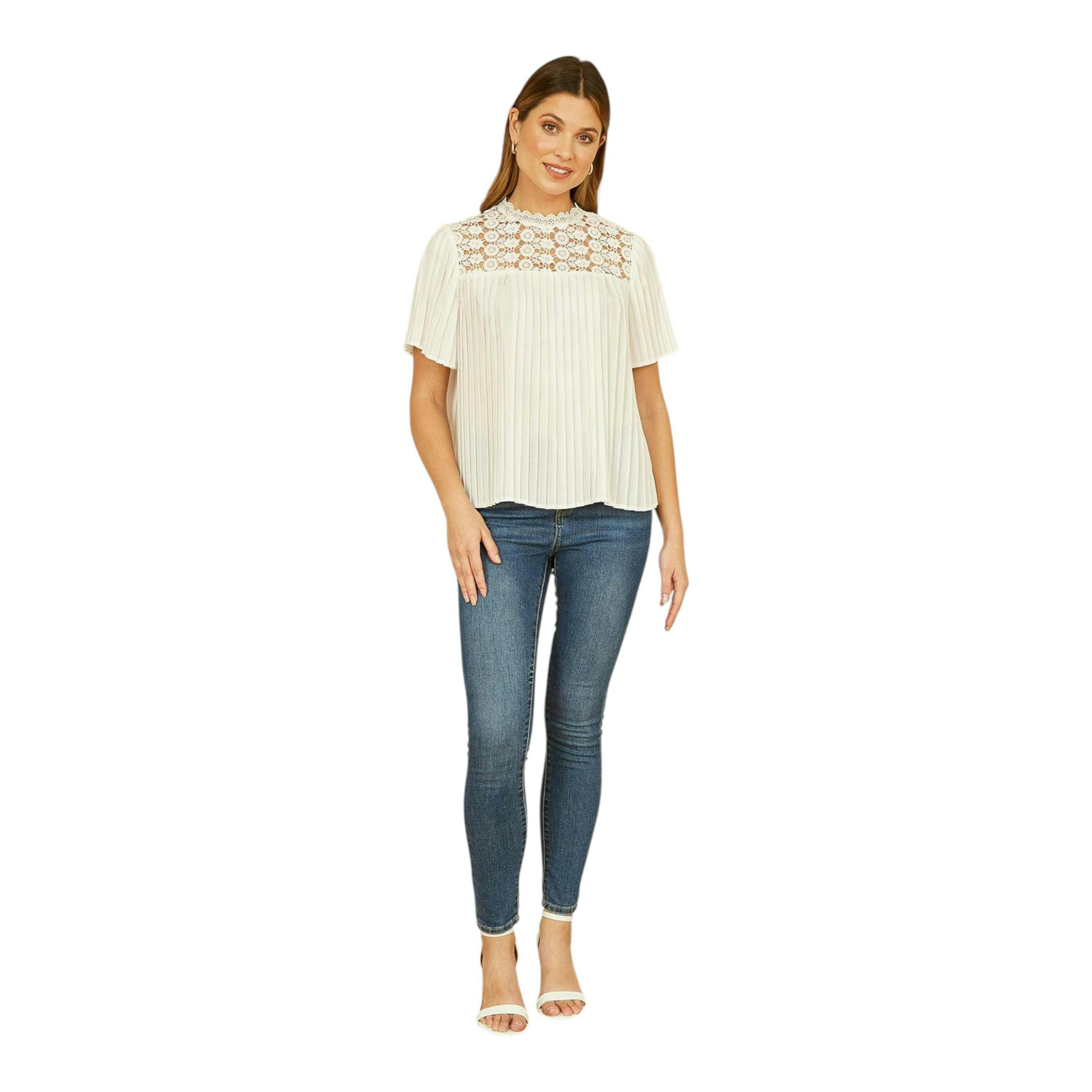 Yumi White Lace Panel Pleated Short Sleeve Top , view 5 of 5