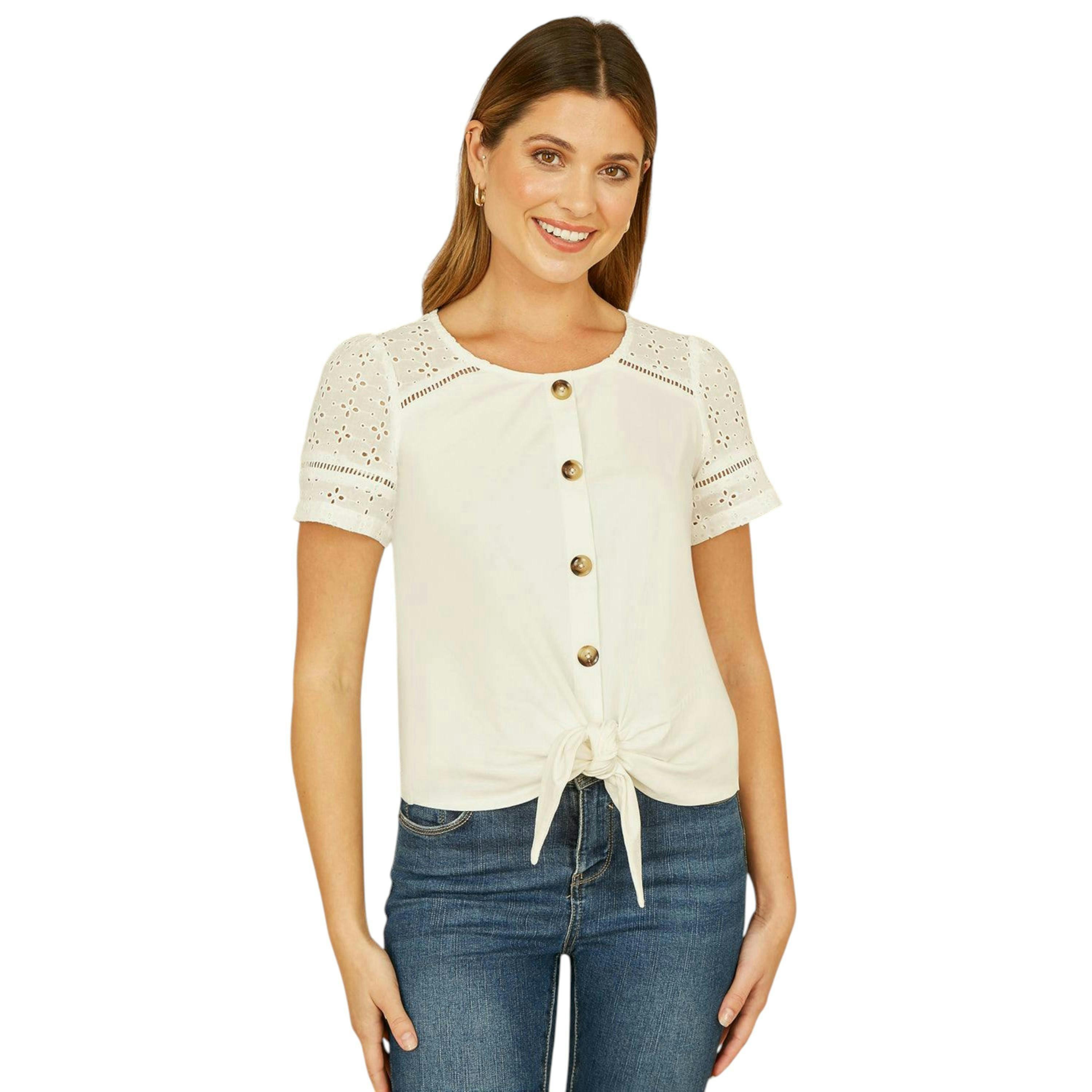 Yumi White Jersey Button Detail T-Shirt With Broderie Anglaise Sleeves And Tie Front , view 1 of 3