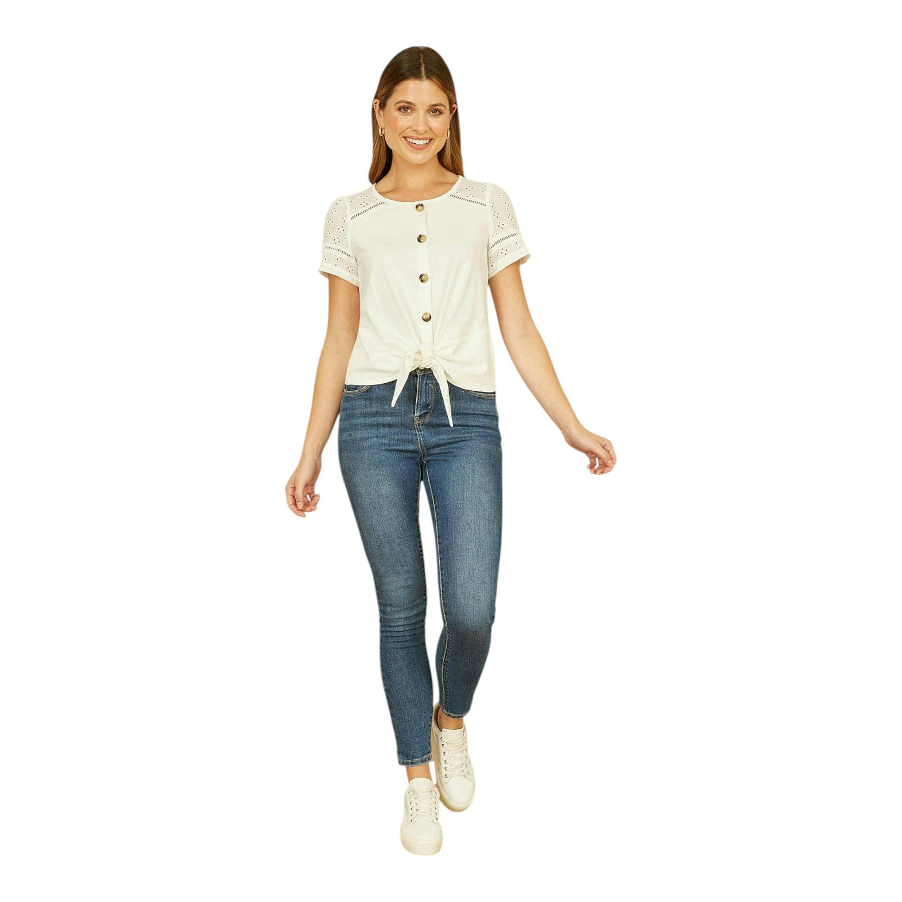Yumi White Jersey Button Detail T-Shirt With Broderie Anglaise Sleeves And Tie Front , view 2 of 3