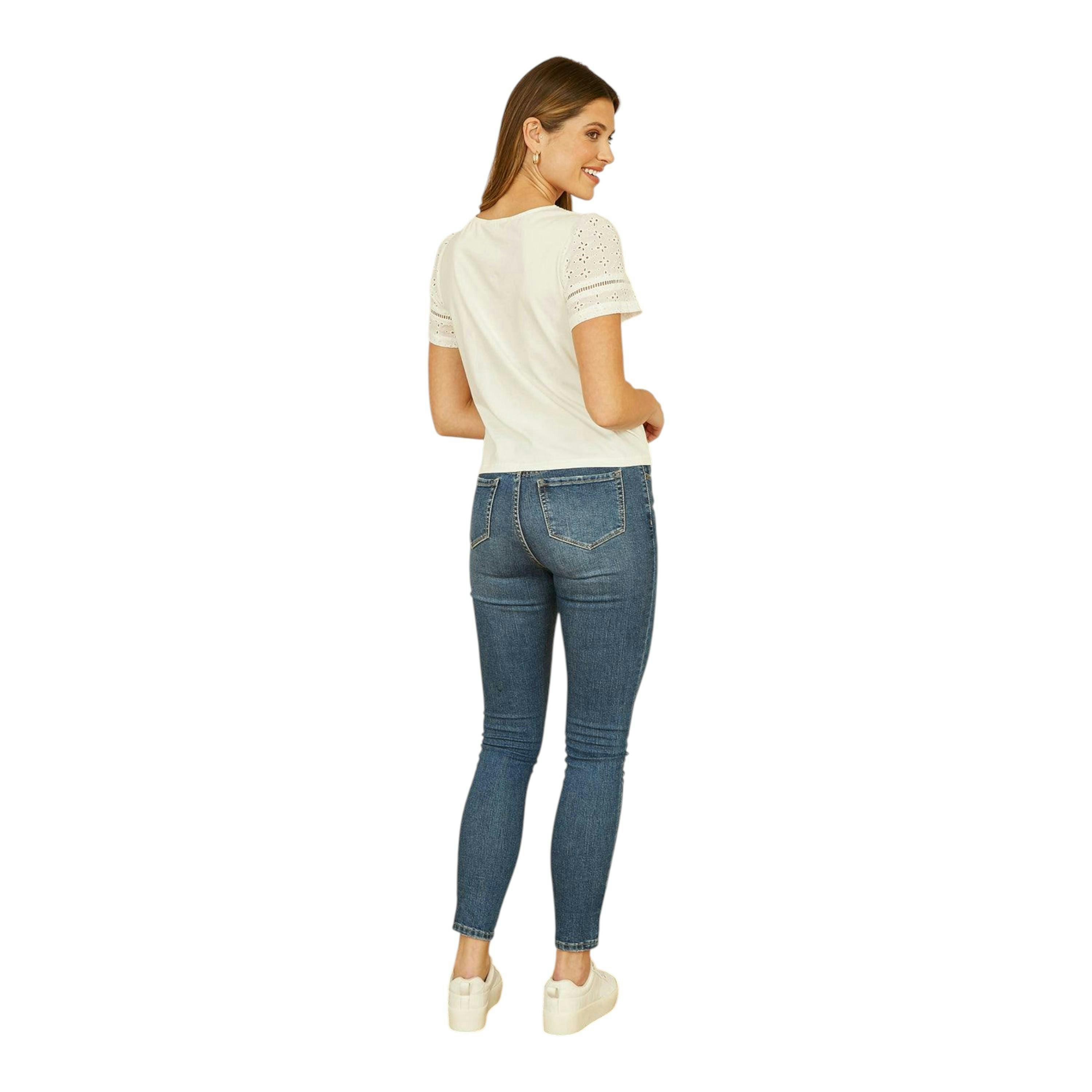 Yumi White Jersey Button Detail T-Shirt With Broderie Anglaise Sleeves And Tie Front , view 3 of 3