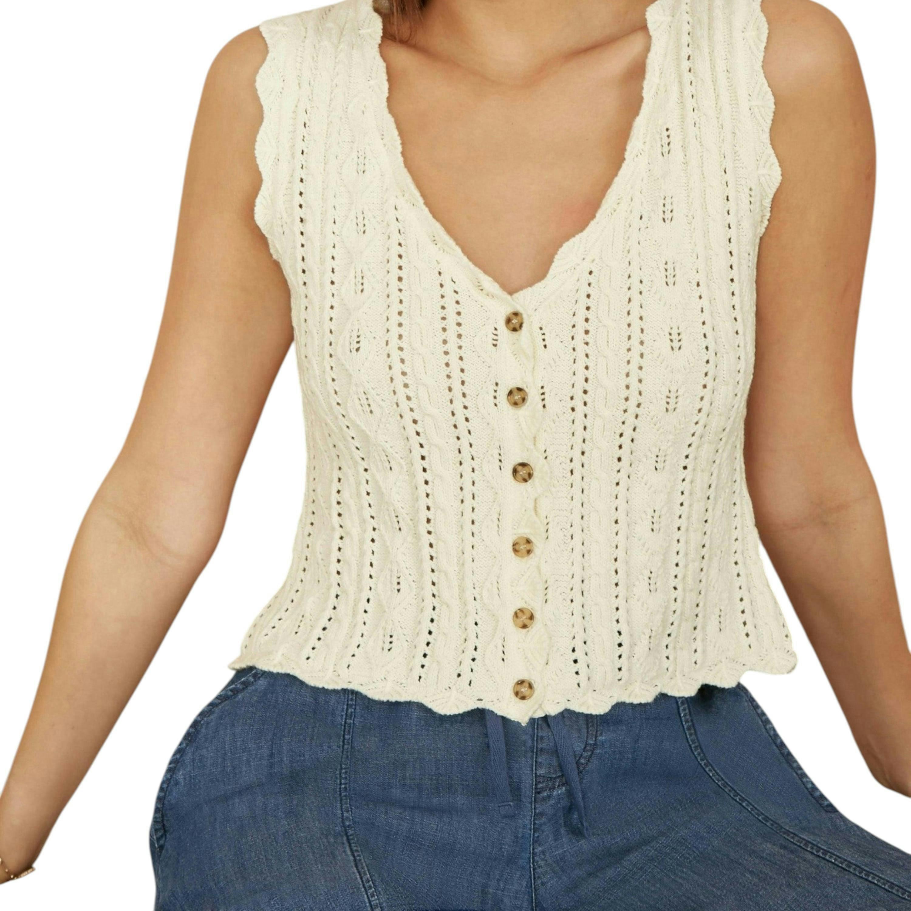 Yumi Beige V Neck Button Down Crochet Knitted Top , view 1 of 4