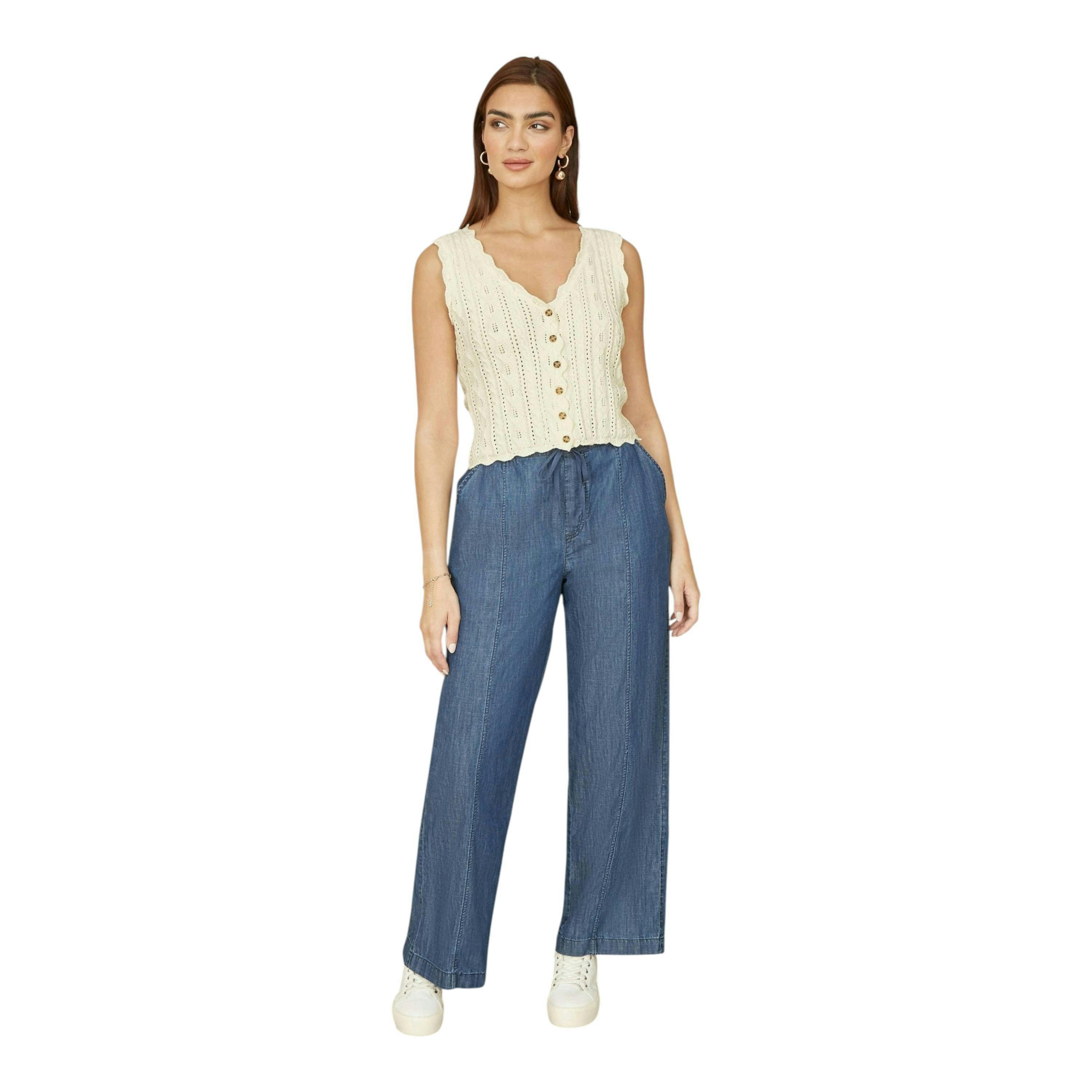 Yumi Beige V Neck Button Down Crochet Knitted Top , view 2 of 4