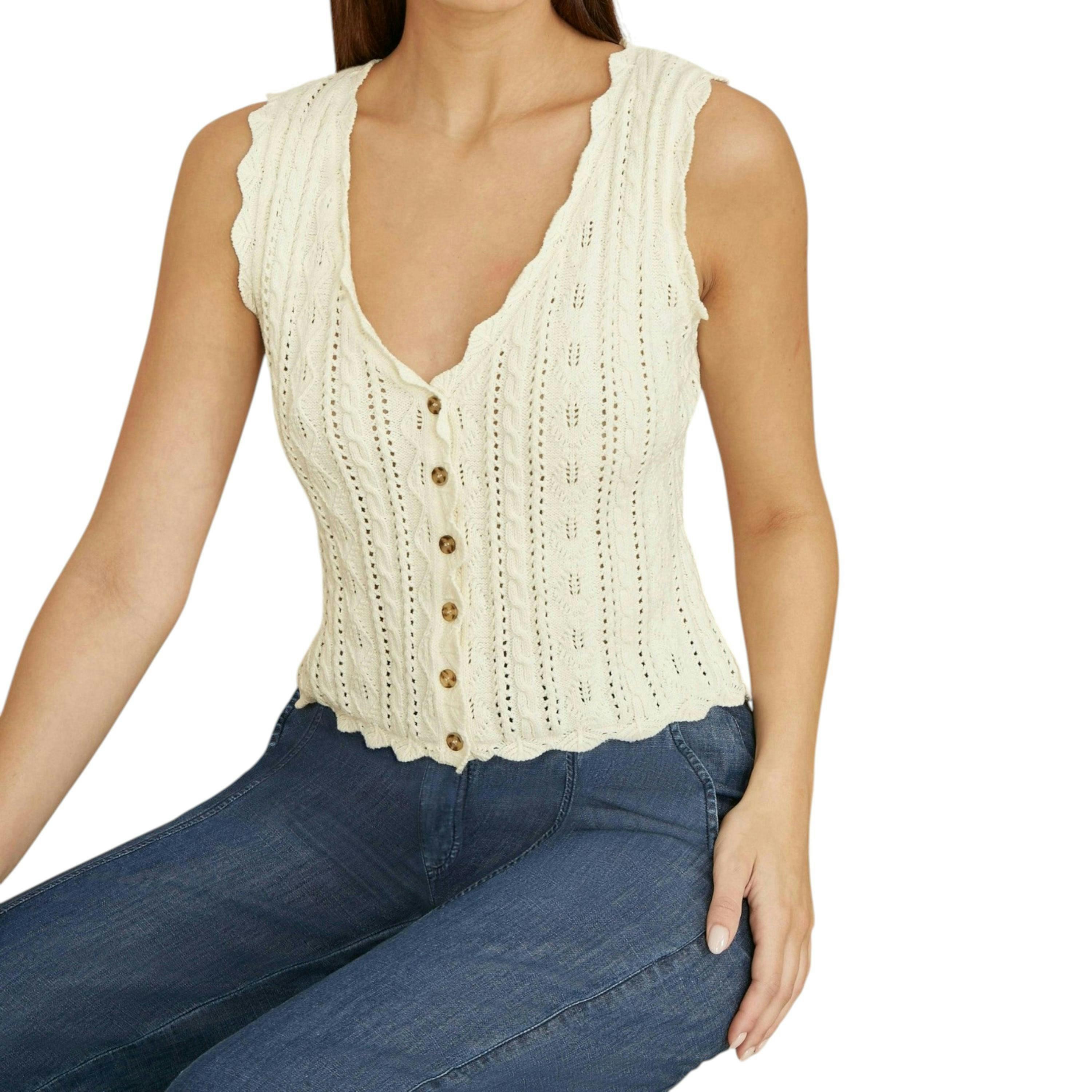 Yumi Beige V Neck Button Down Crochet Knitted Top , view 3 of 4
