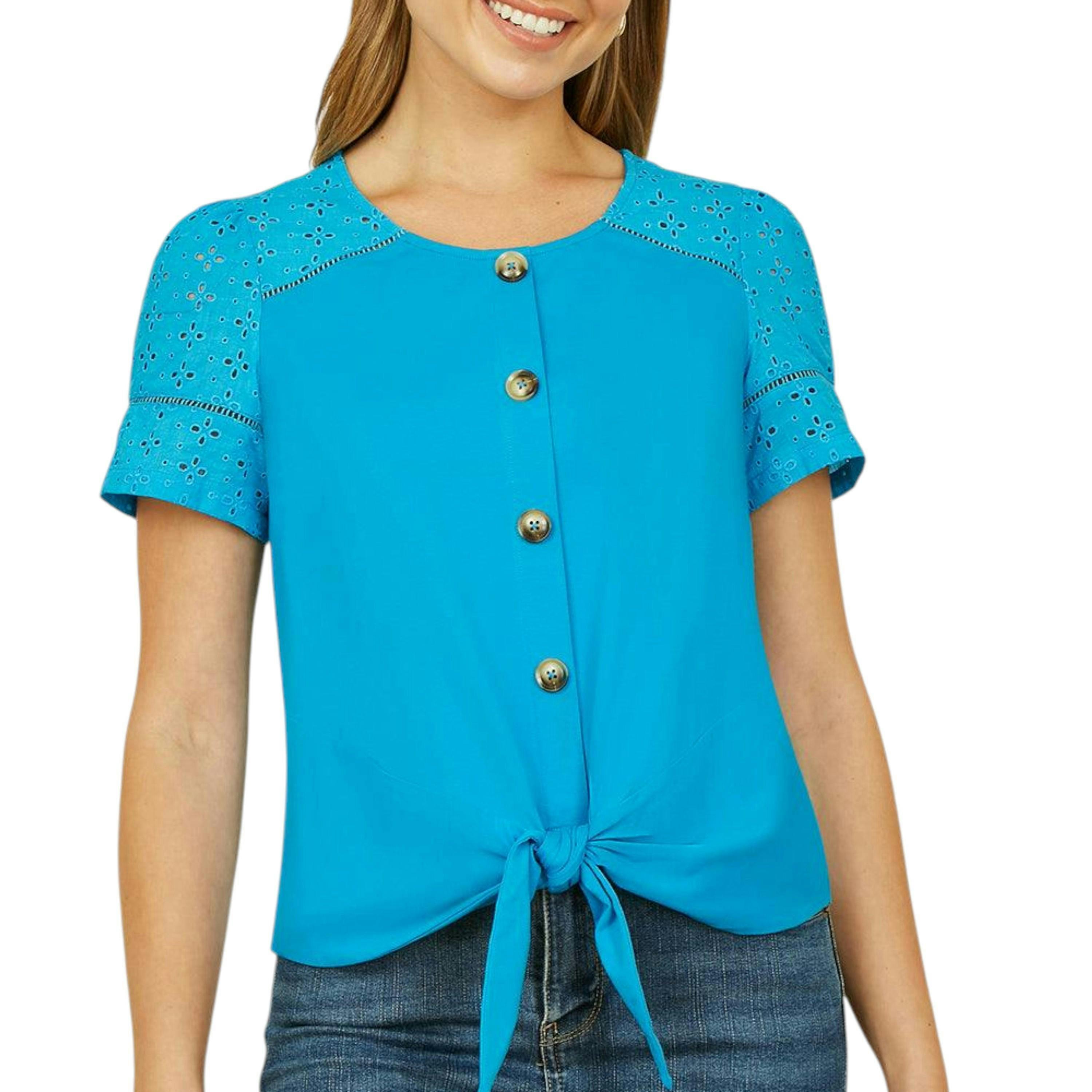 Yumi Blue Jersey Button Detail T-Shirt With Broderie Anglaise Sleeves And Tie Front , view 1 of 4