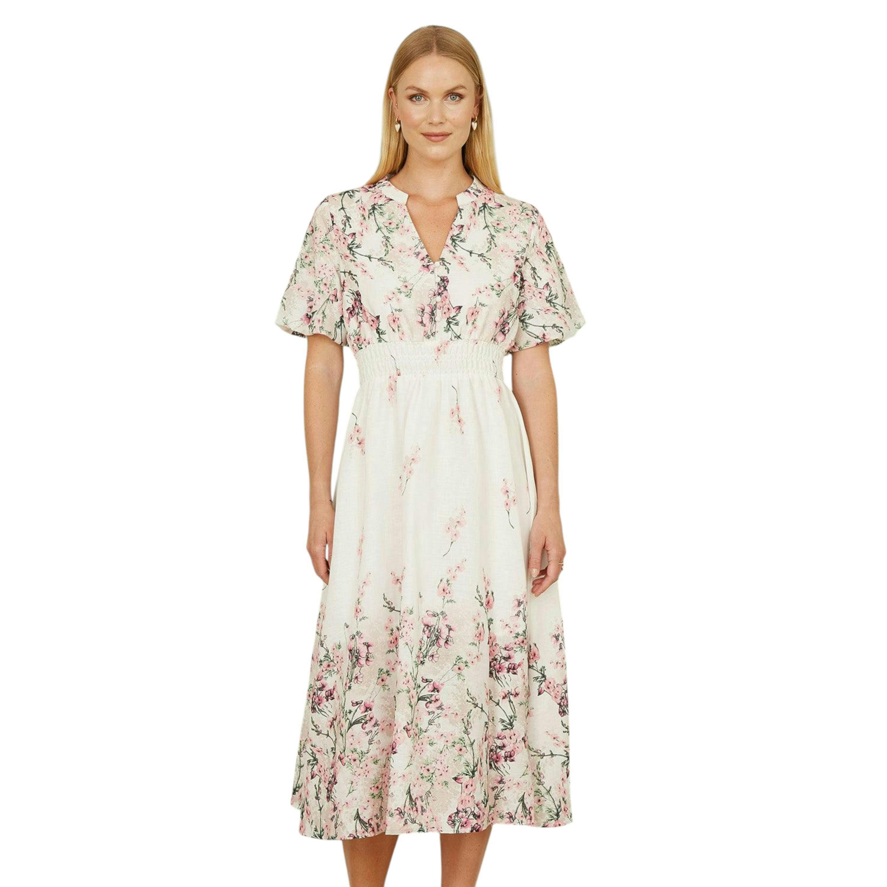 Yumi White Mirrored Floral Button Up Midi Dress With Ruched Waist , view 1 of 6
