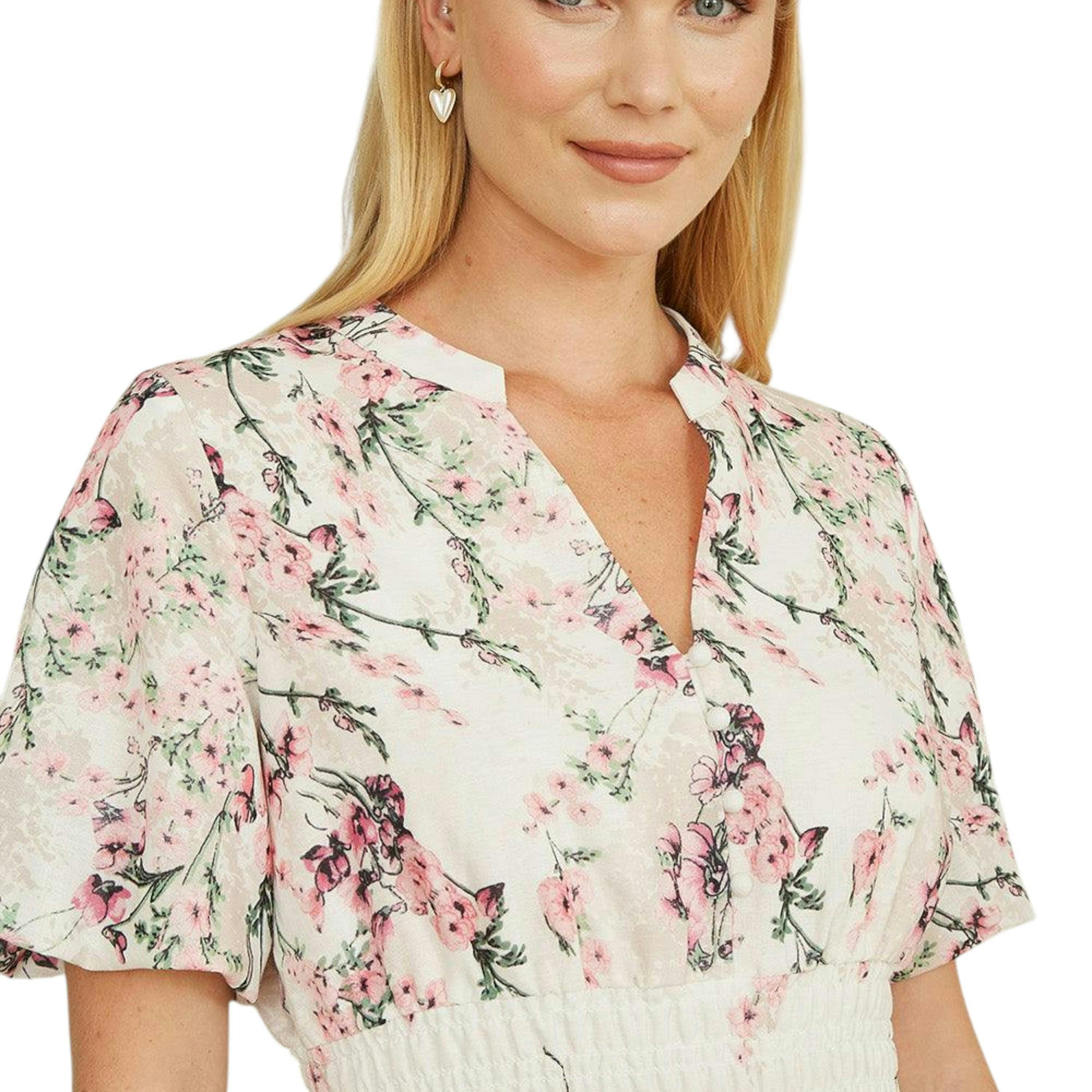 Yumi White Mirrored Floral Button Up Midi Dress With Ruched Waist , view 2 of 6