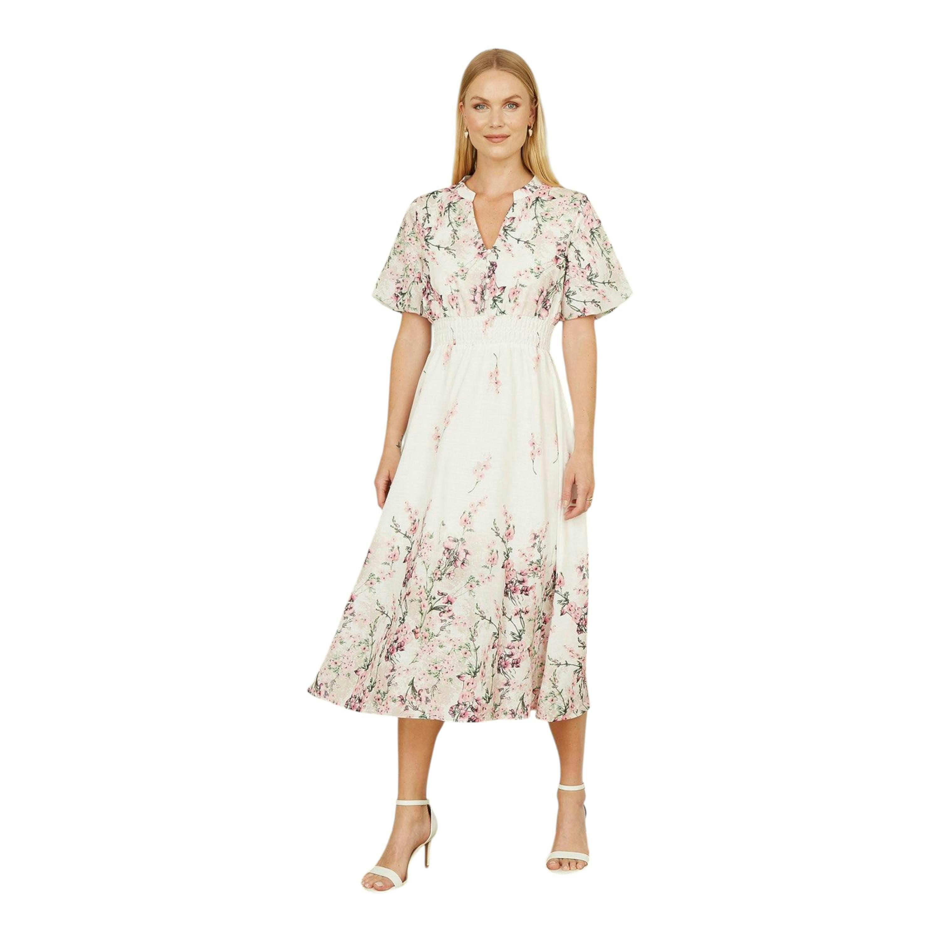 Yumi White Mirrored Floral Button Up Midi Dress With Ruched Waist , view 3 of 6