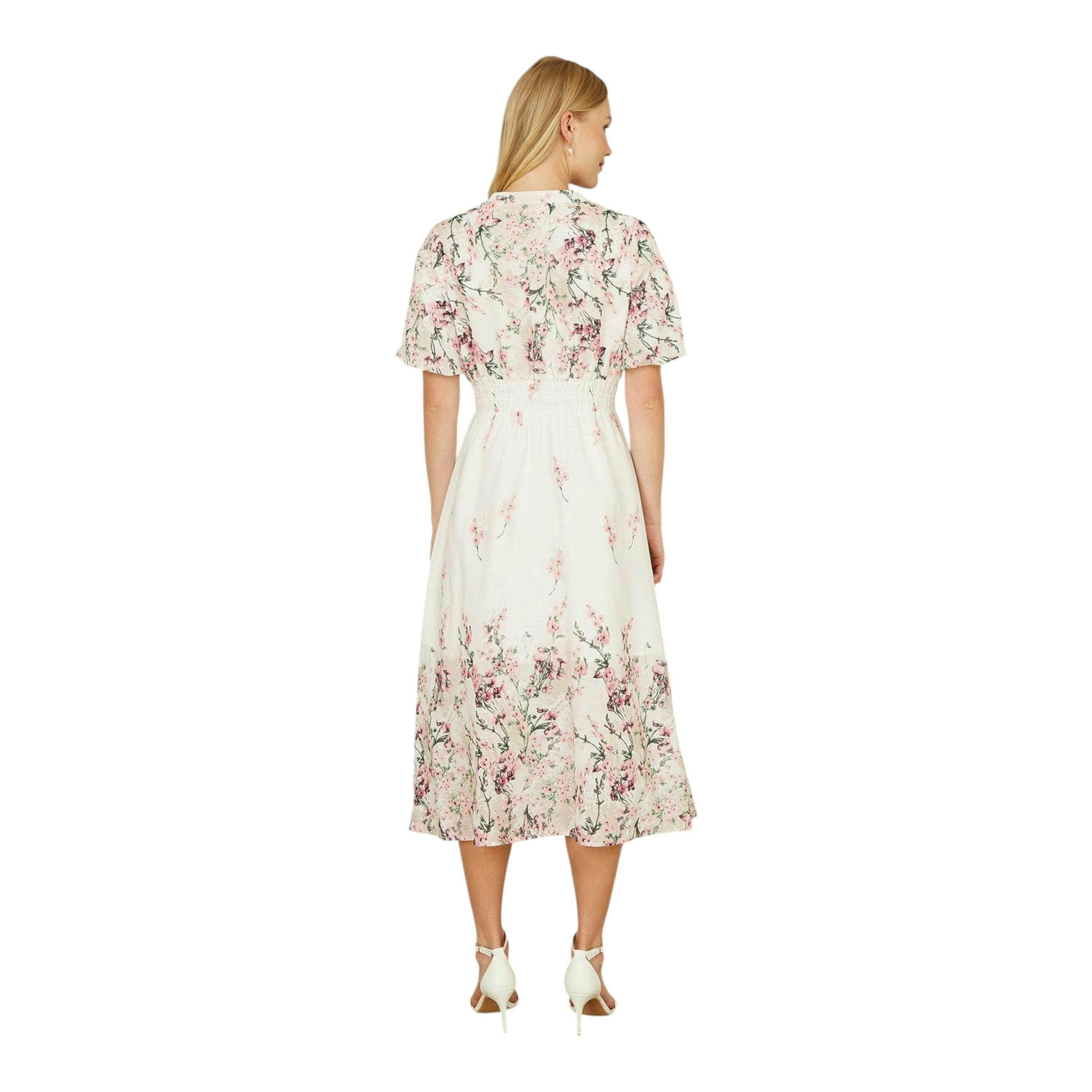 Yumi White Mirrored Floral Button Up Midi Dress With Ruched Waist , view 4 of 6