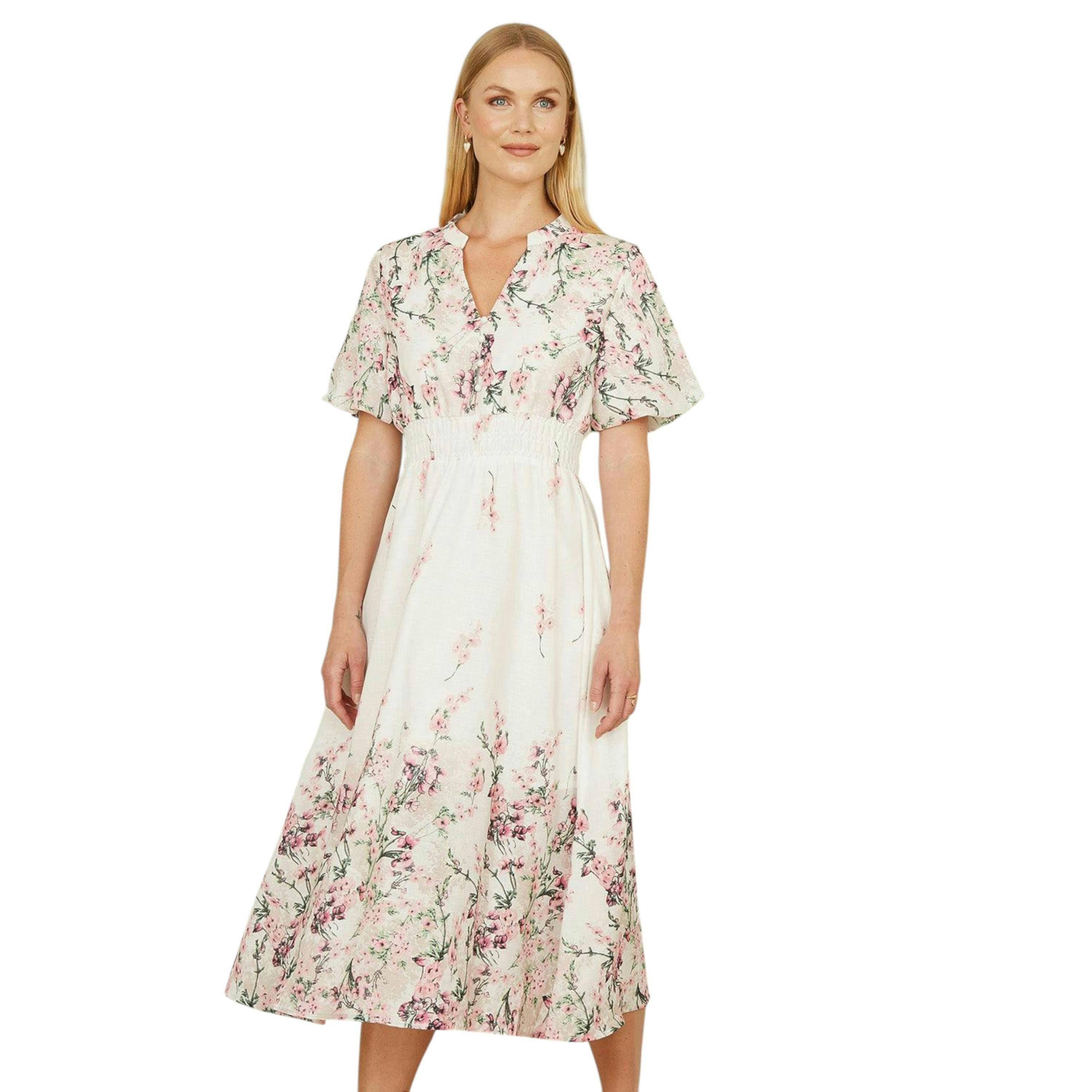 Yumi White Mirrored Floral Button Up Midi Dress With Ruched Waist , view 5 of 6