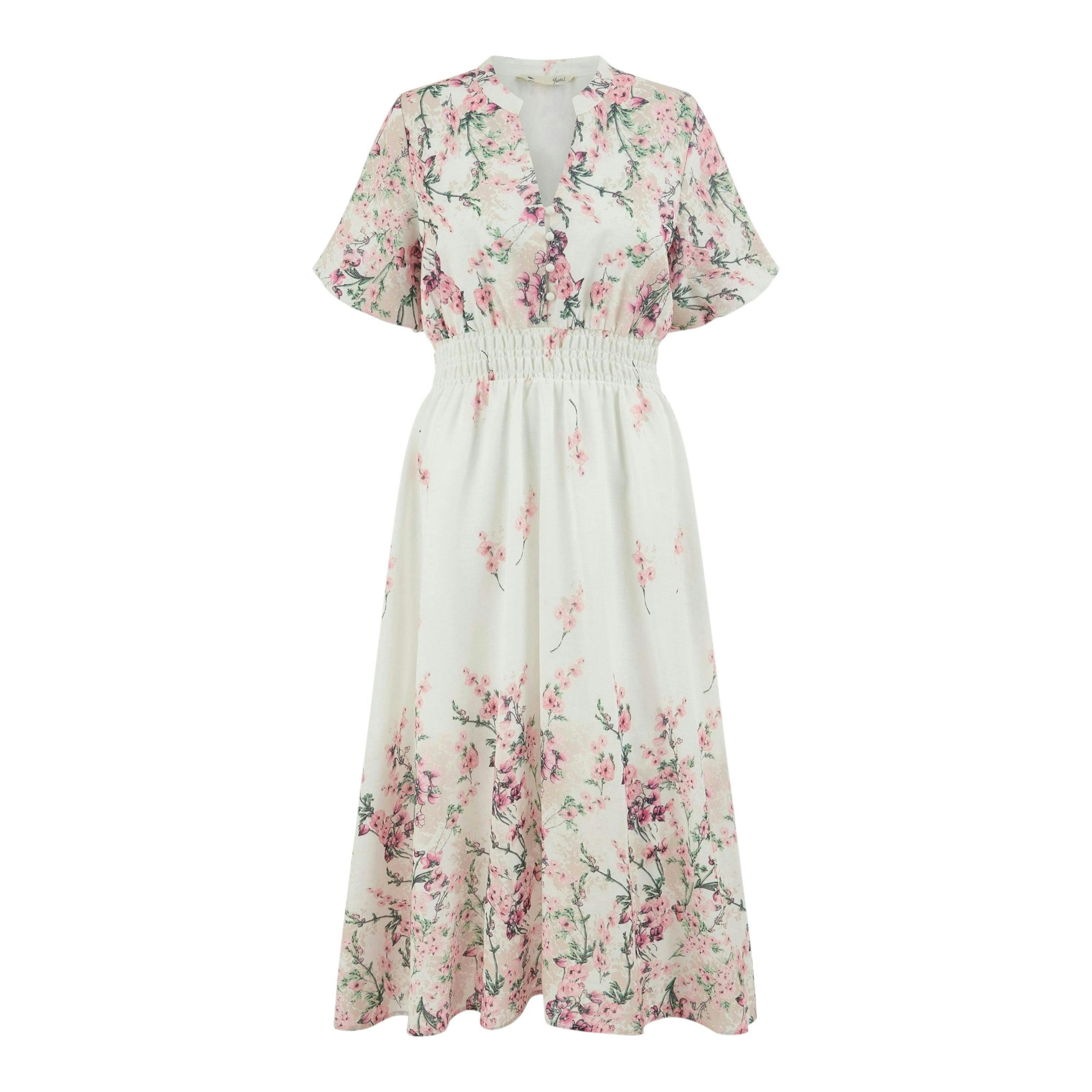 Yumi White Mirrored Floral Button Up Midi Dress With Ruched Waist , view 6 of 6
