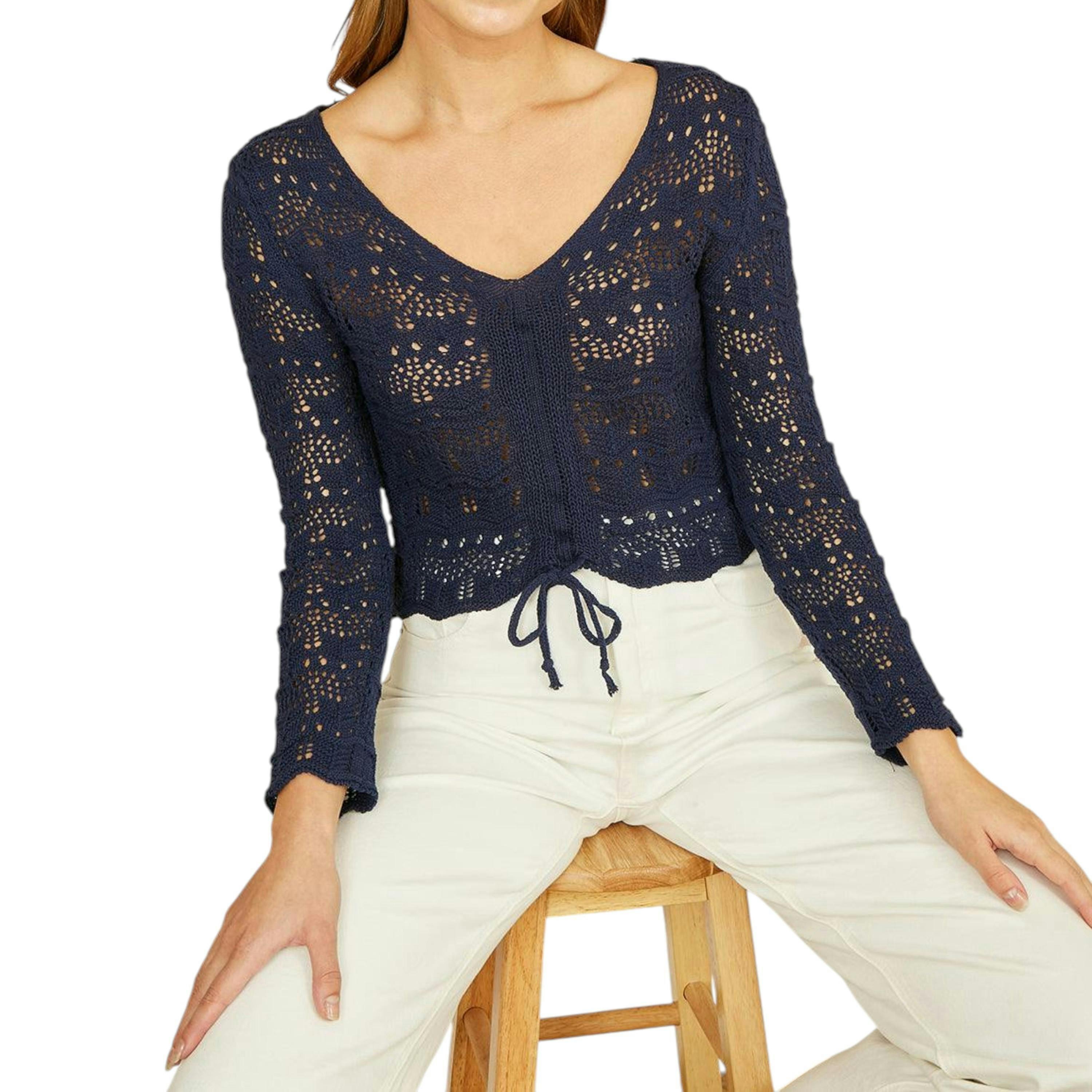 Yumi Navy Crochet Top With Front Ruching , view 1 of 4