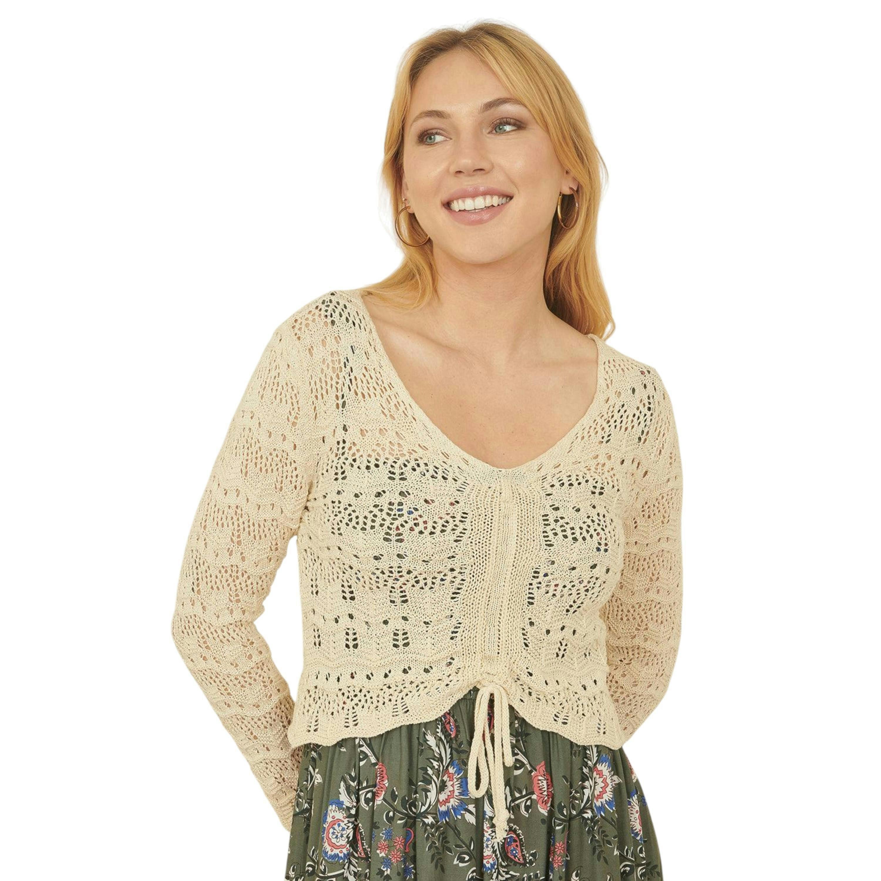 Yumi Ivory Crochet Top With Front Ruching , view 1 of 5