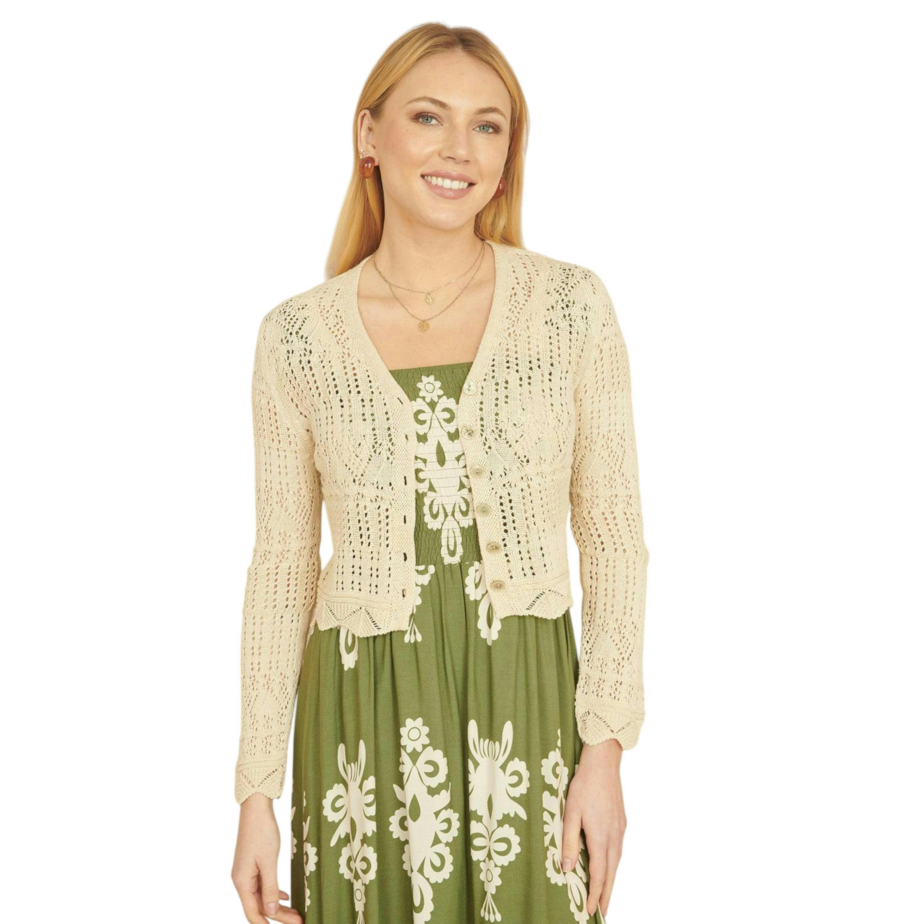 Yumi Beige Crochet Knitted Cropped Cardigan , view 1 of 4