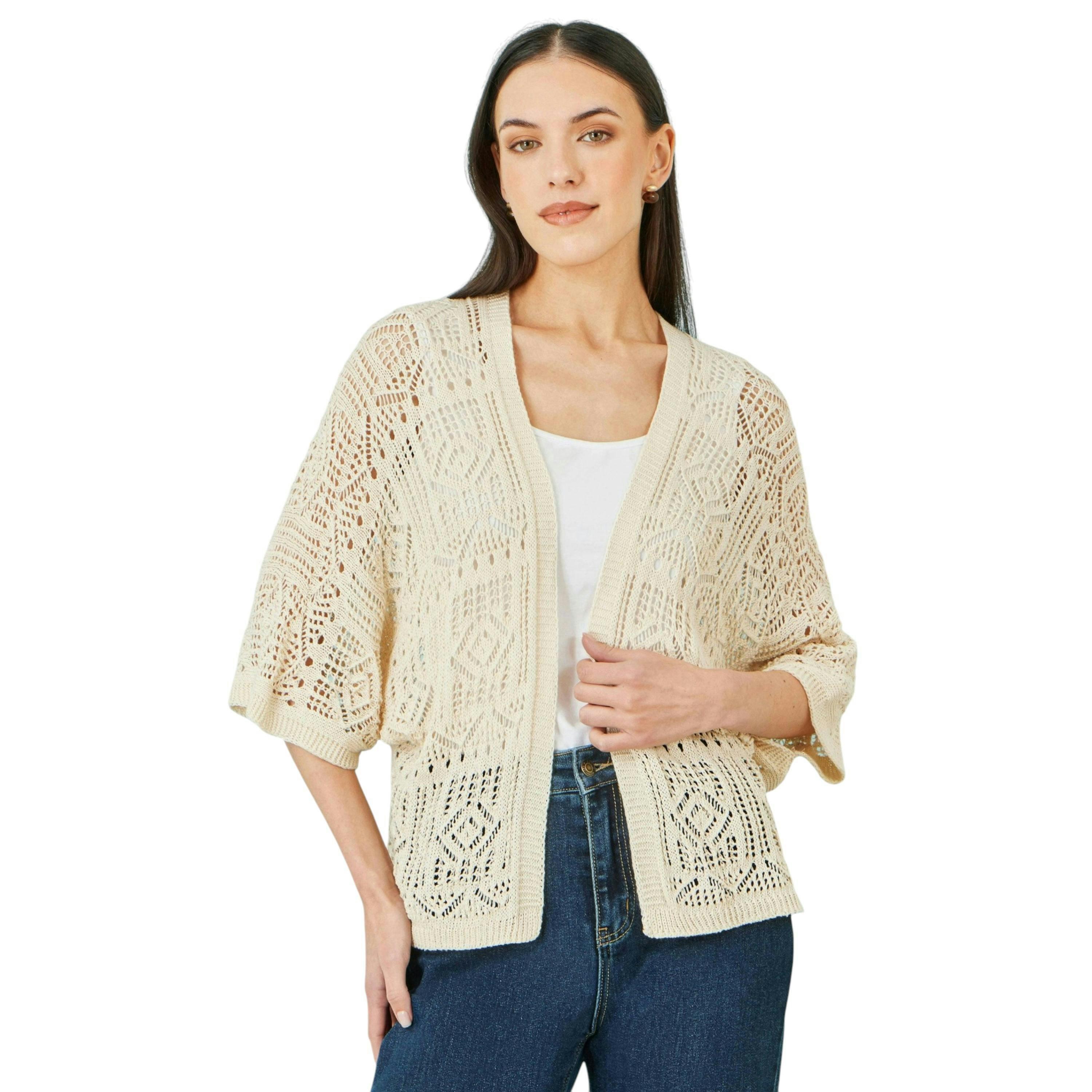 Yumi Ivory Crochet Edge To Edge 3/4 Sleeve Cardigan , view 1 of 5